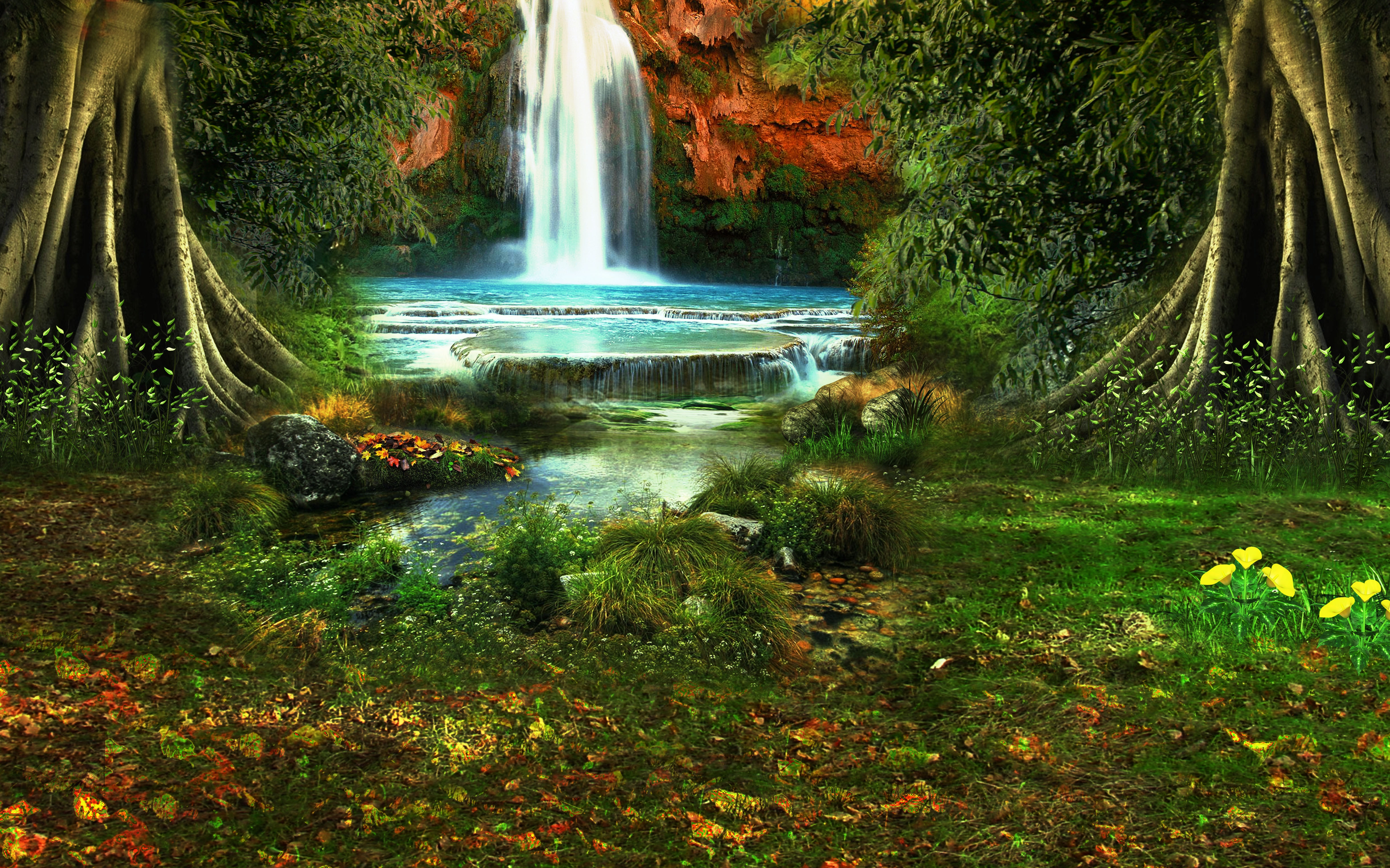 waterfall, nature, landscape, trees, vegetation QHD