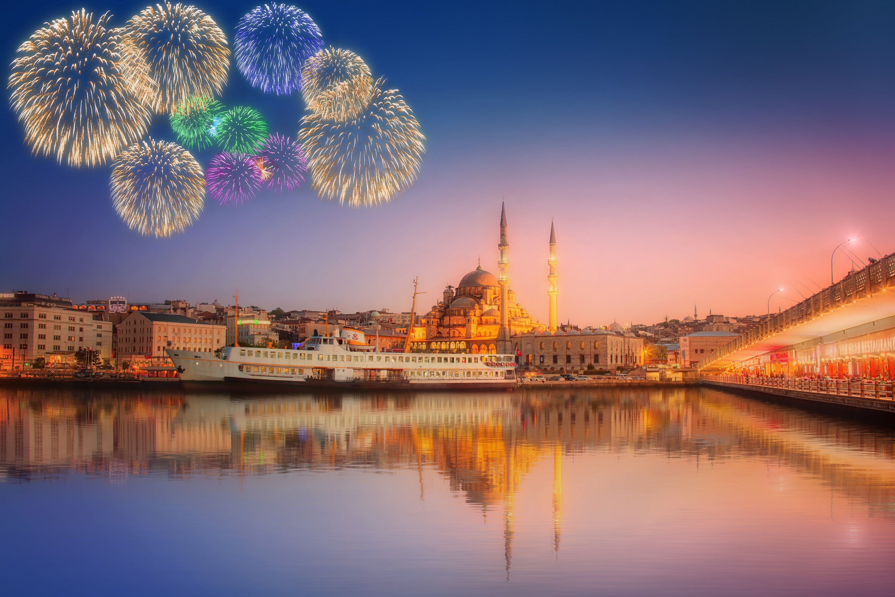 Download mobile wallpaper City, Reflection, Fireworks, Photography, Mosque for free.