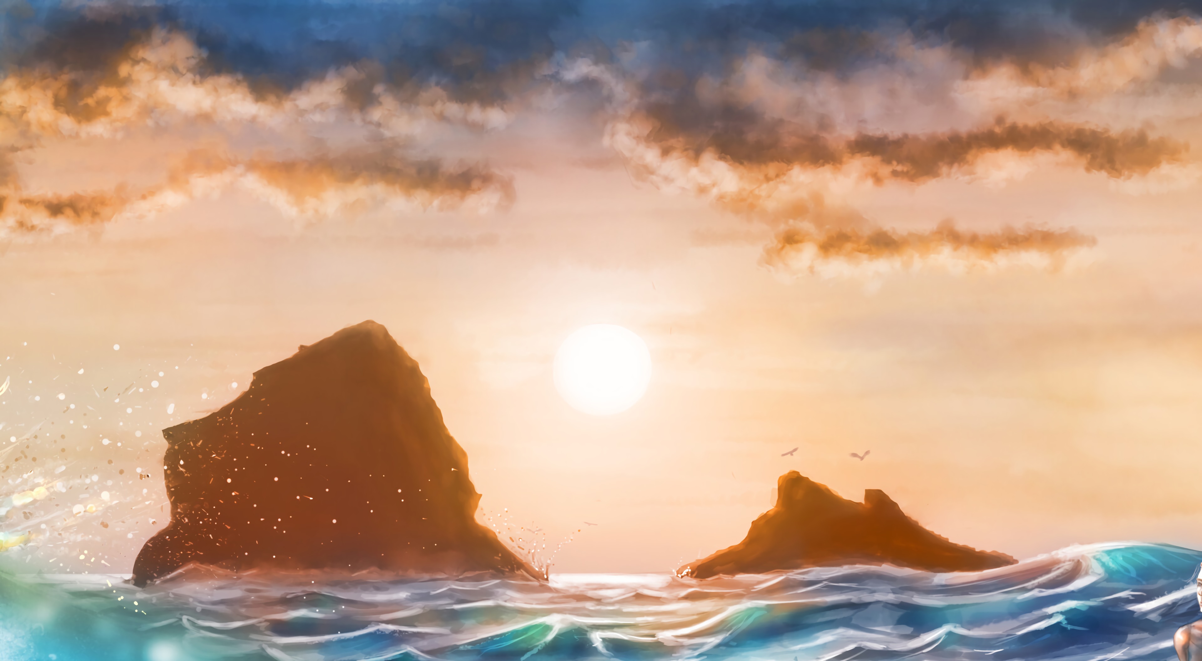 Free download wallpaper Sunset, Rocks, Sea, Art, Waves on your PC desktop