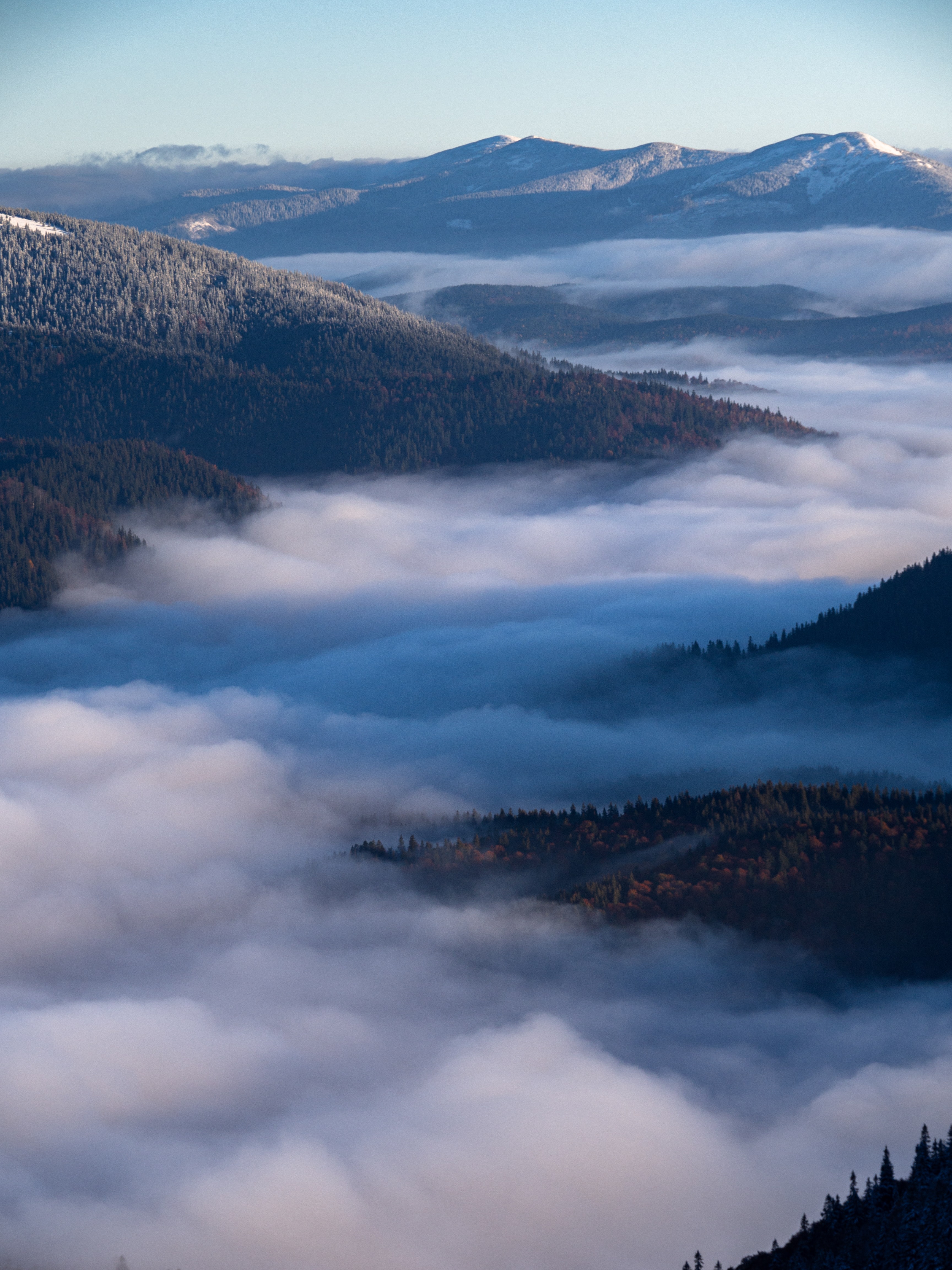 無料モバイル壁紙自然, 上から見る, 霧, 山脈, 雲, 風景をダウンロードします。
