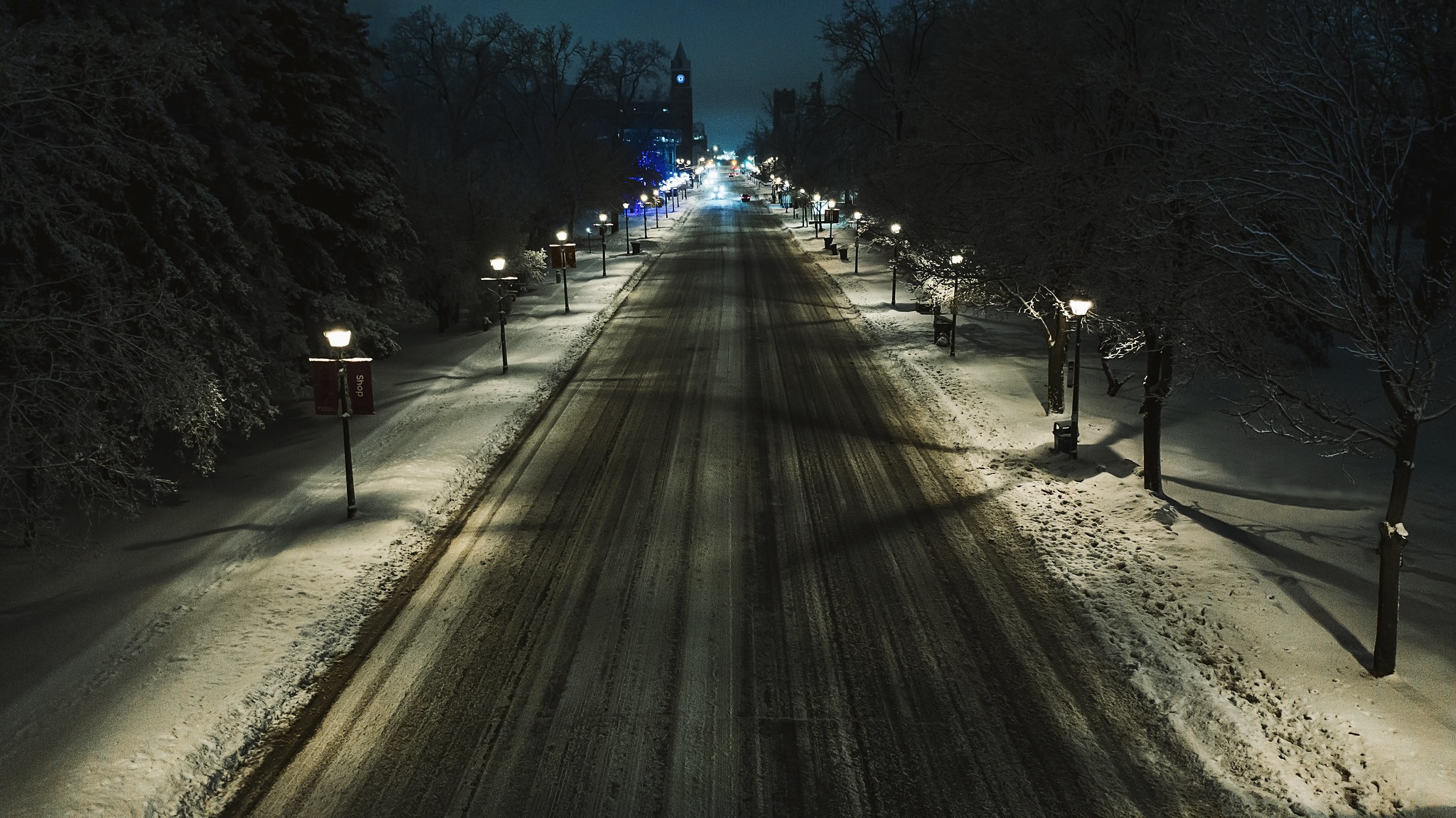 Download mobile wallpaper Winter, Night, Snow, Road, Lamp Post, Man Made for free.