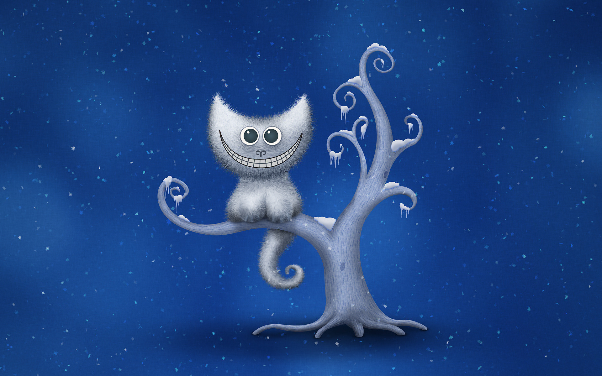 Скачати мобільні шпалери Кішка, Дерево, Синій, Тварина, Художній, Посміхніться безкоштовно.