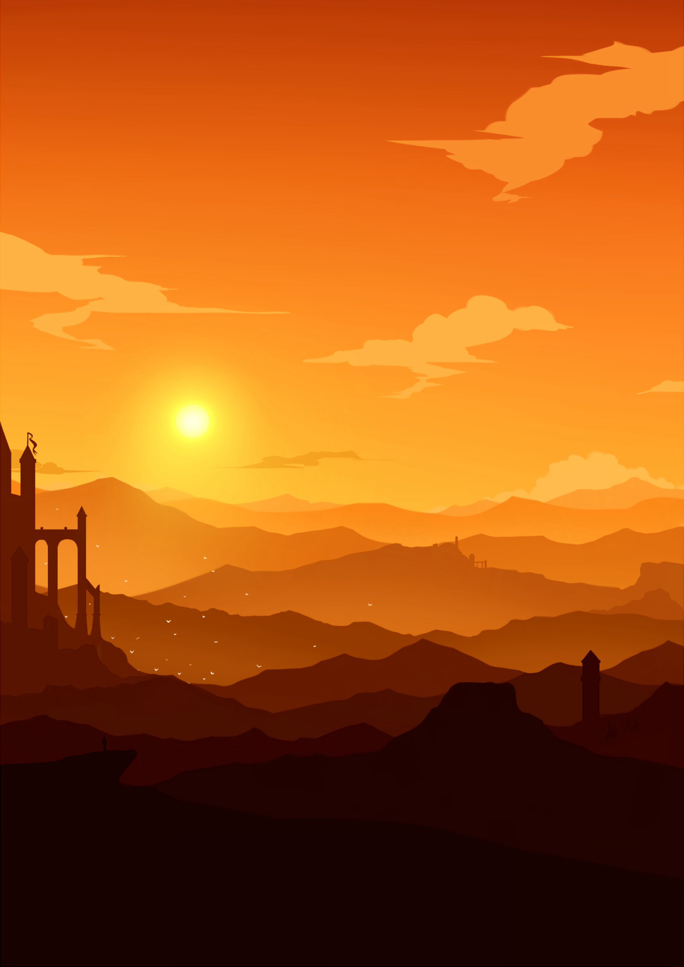 vector, hills, sunset, mountains HD wallpaper