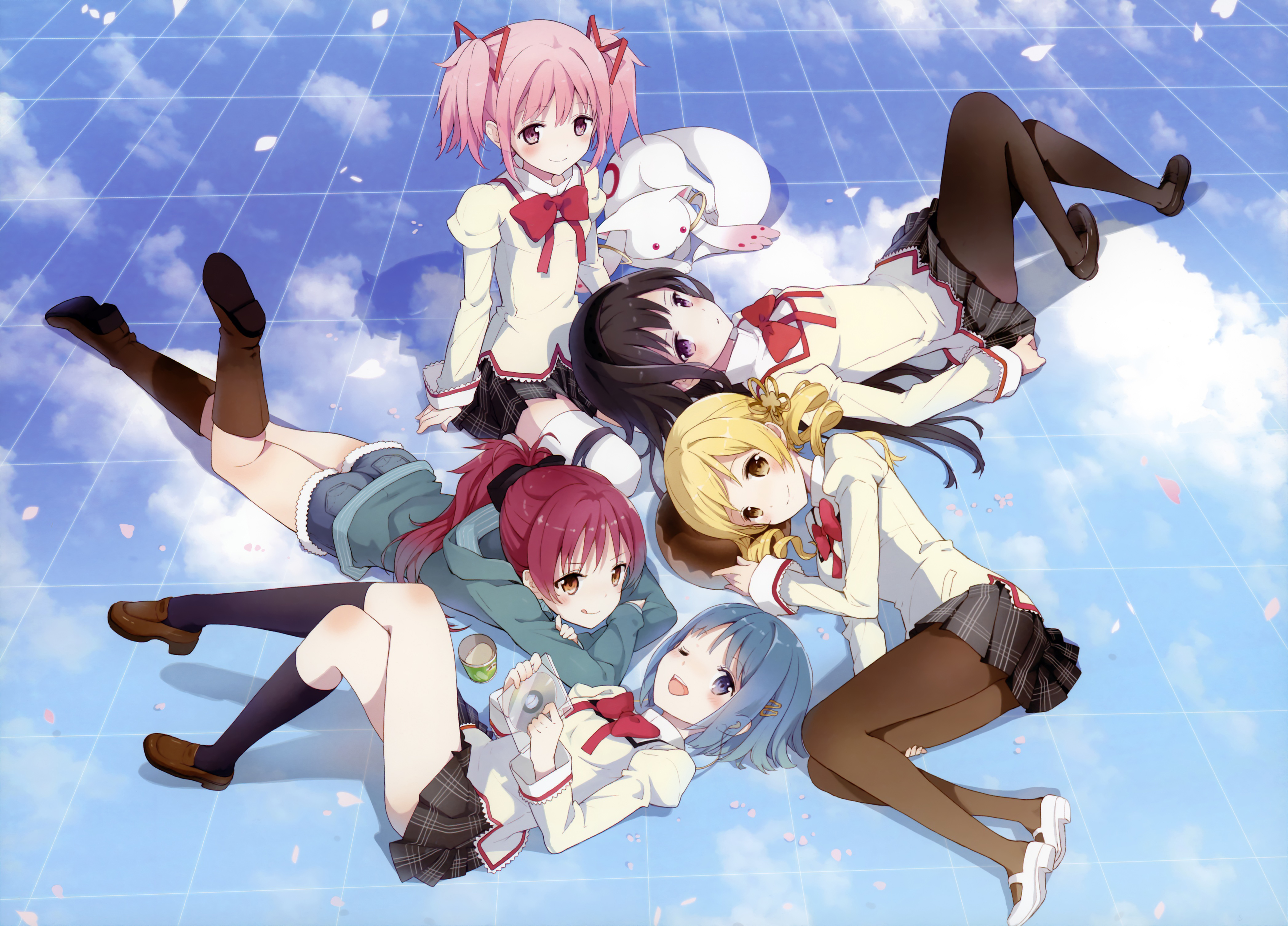 Laden Sie das Animes, Kyōko Sakura, Madoka Magica, Homur Akemi, Madoka Kaname, Mami Tomö, Sayaka Miki, Kyuubey (Puella Magi Madoka Magica)-Bild kostenlos auf Ihren PC-Desktop herunter
