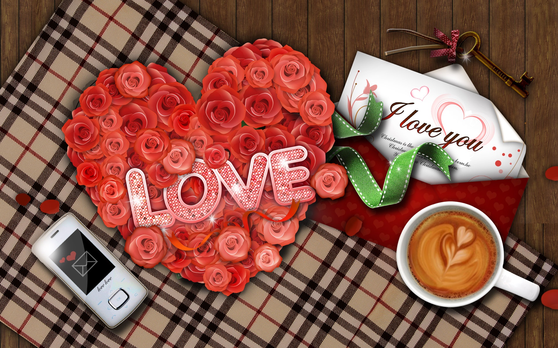 Скачать обои бесплатно Любовь, Кофе, Роза, Телефон, Ключ, День Святого Валентина, Праздничные картинка на рабочий стол ПК