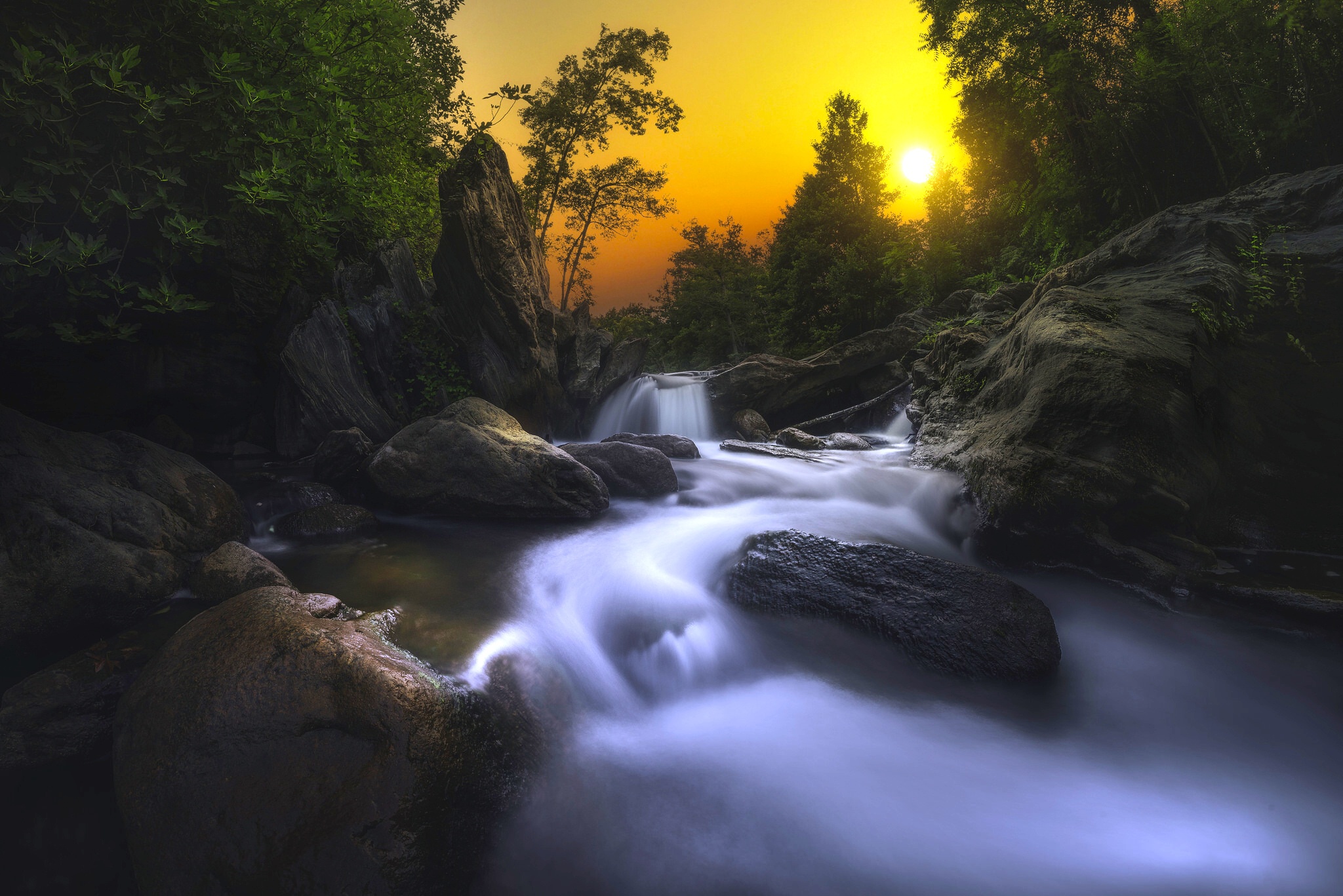 Download mobile wallpaper Nature, Sunset, Waterfalls, Waterfall, Earth, Foam, Stream for free.