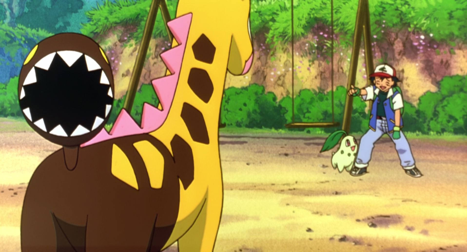 anime, pokemon 3: the movie spell of the unown, ash ketchum, chikorita (pokémon), girafarig (pokémon), pokémon