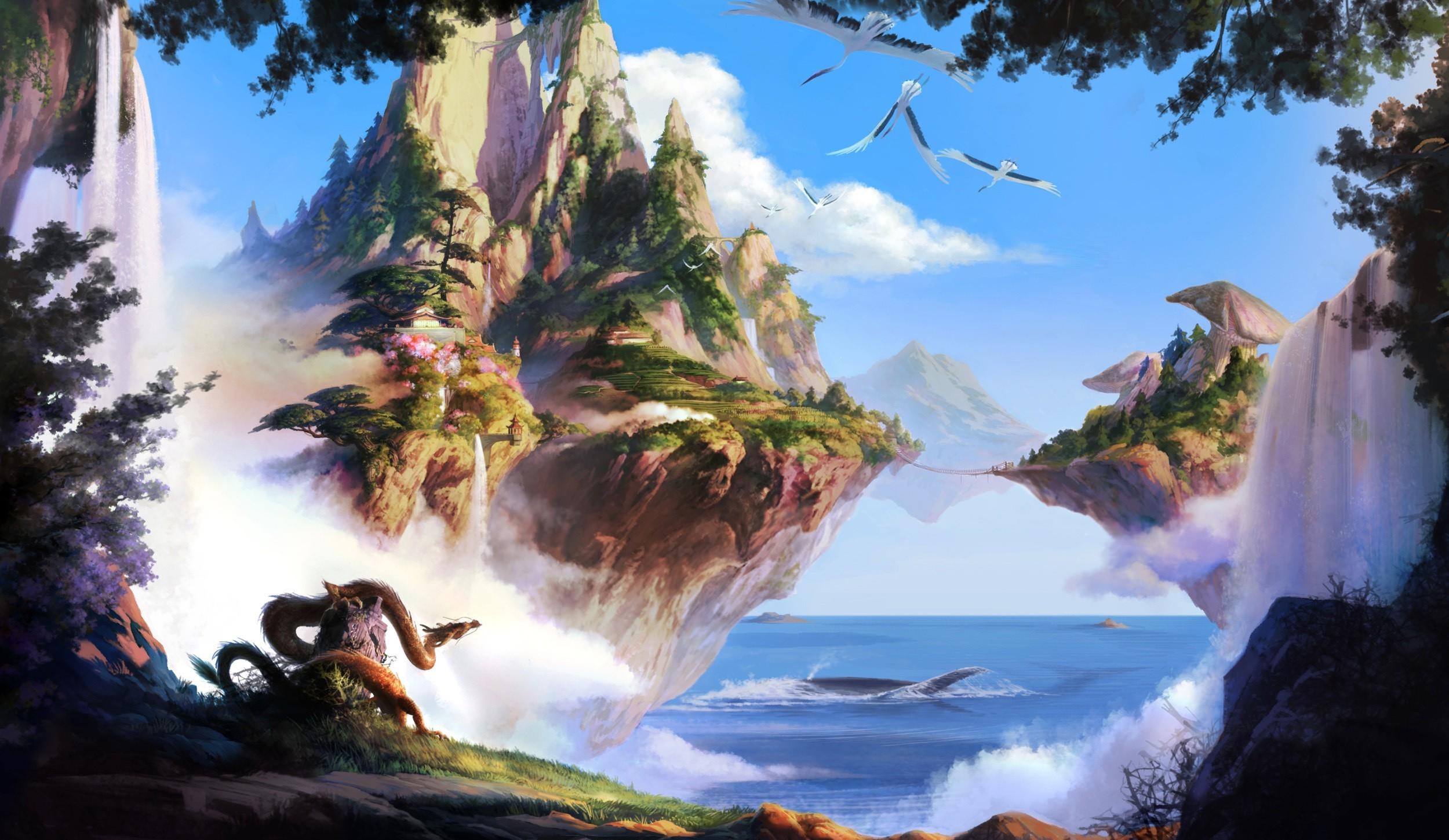 fantasy, waterfall, trees, sky, sea, islands desktop HD wallpaper