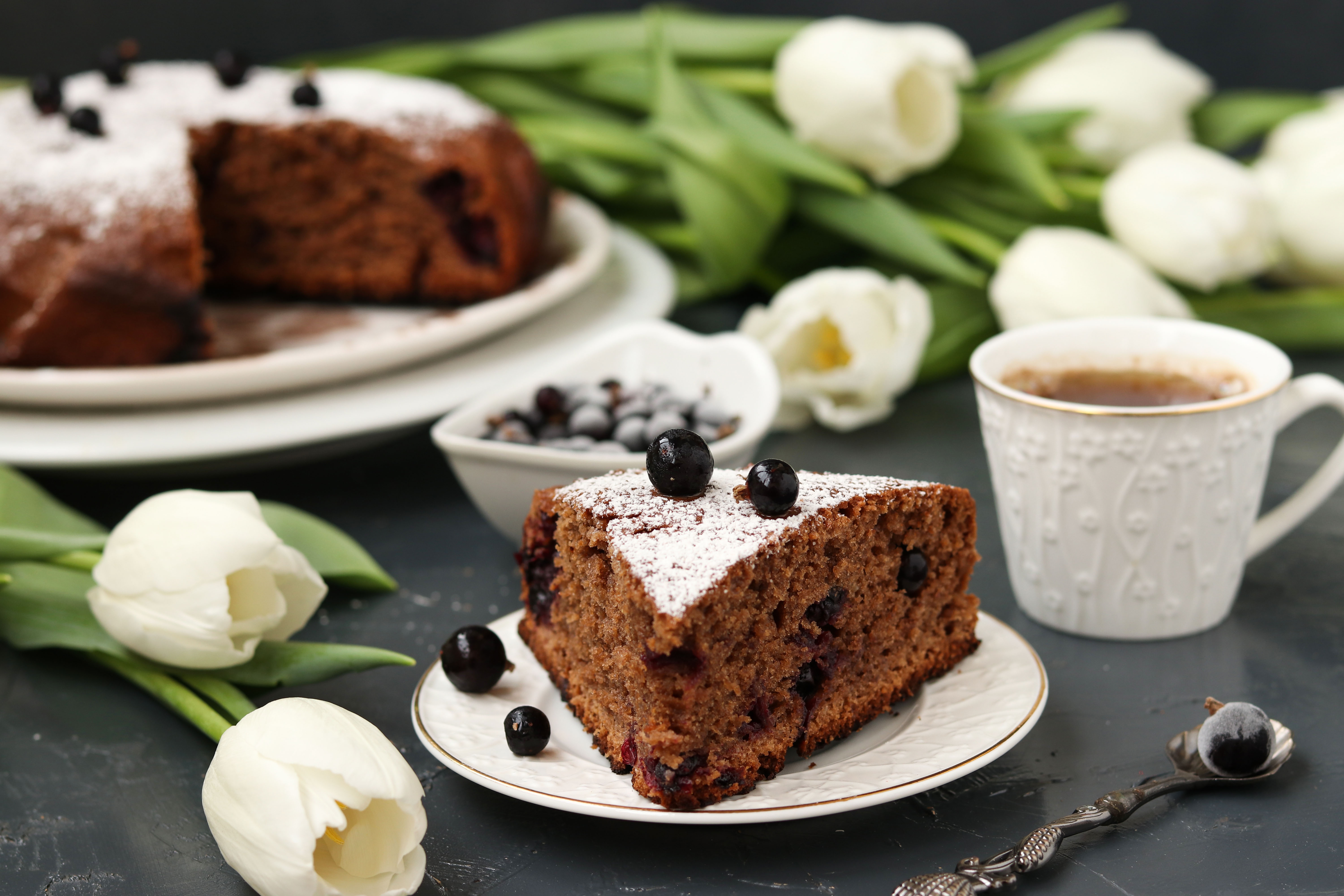 Download mobile wallpaper Food, Dessert, Still Life, Cake, Tea, Tulip, White Flower for free.