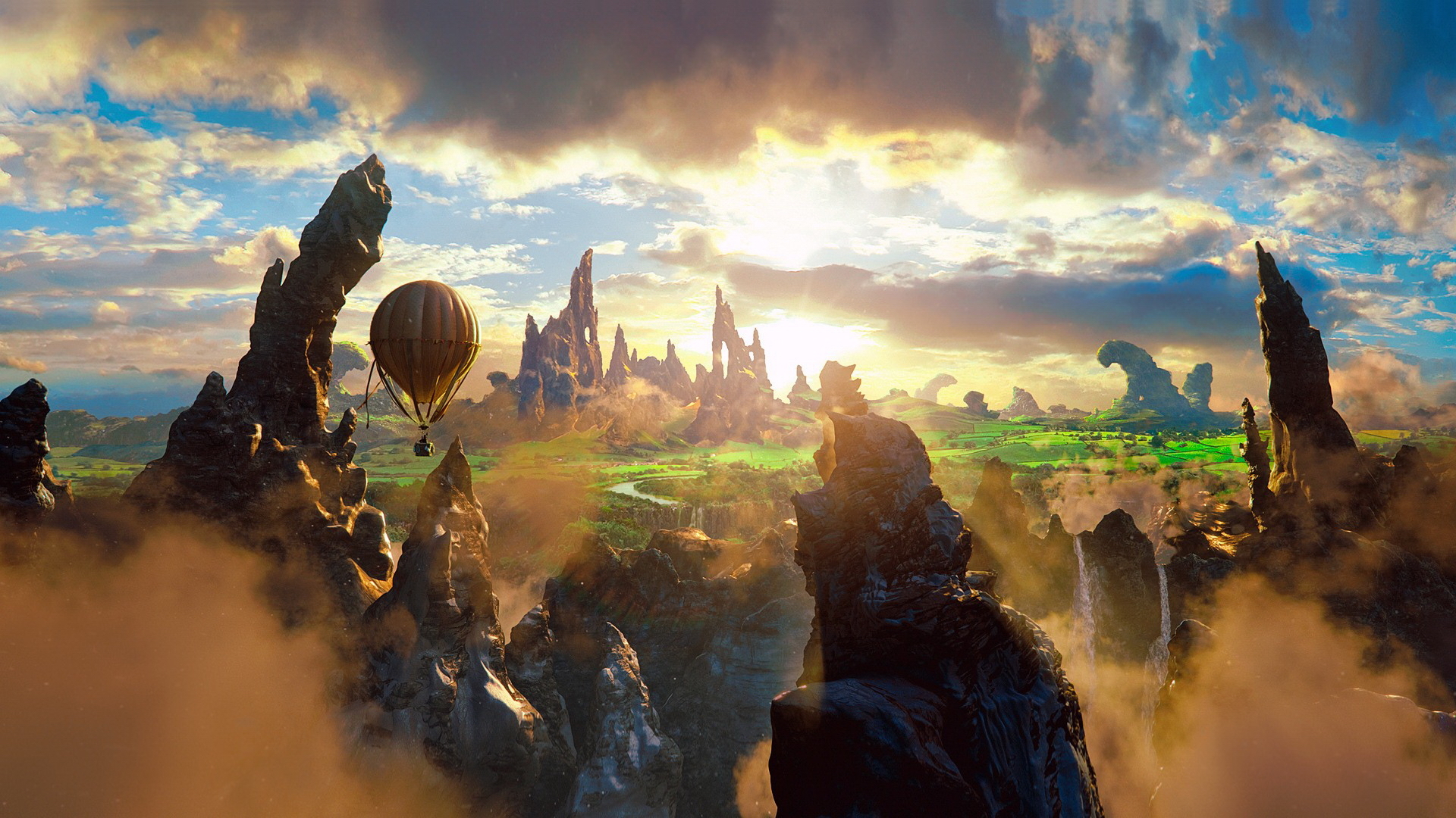 fantasy, landscape, mountains, balloons desktop HD wallpaper