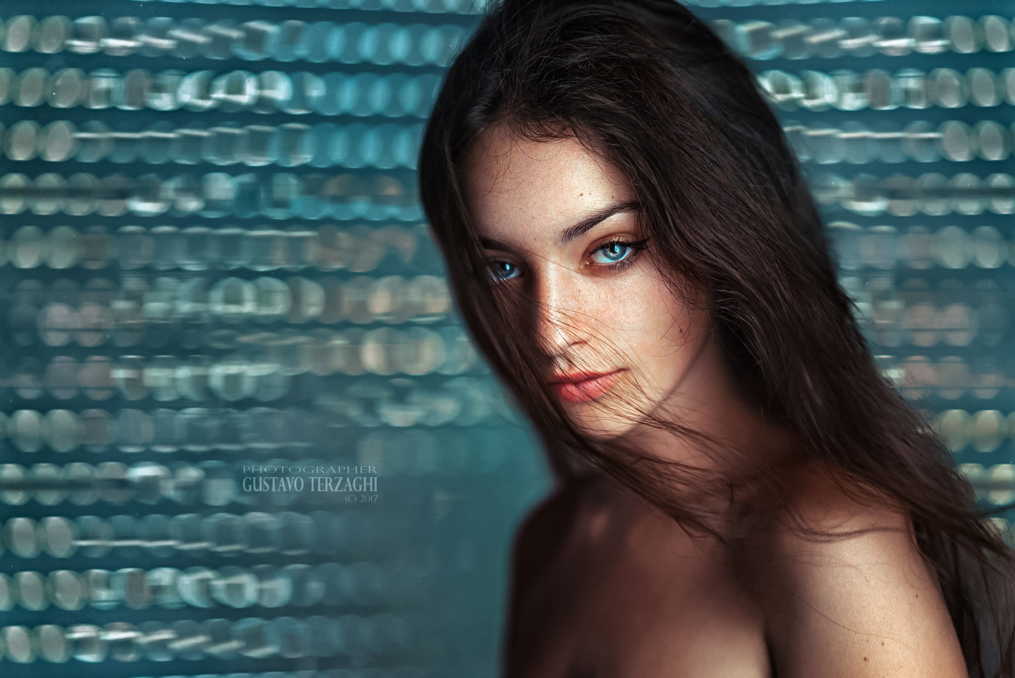 Download mobile wallpaper Portrait, Brunette, Model, Women, Blue Eyes for free.