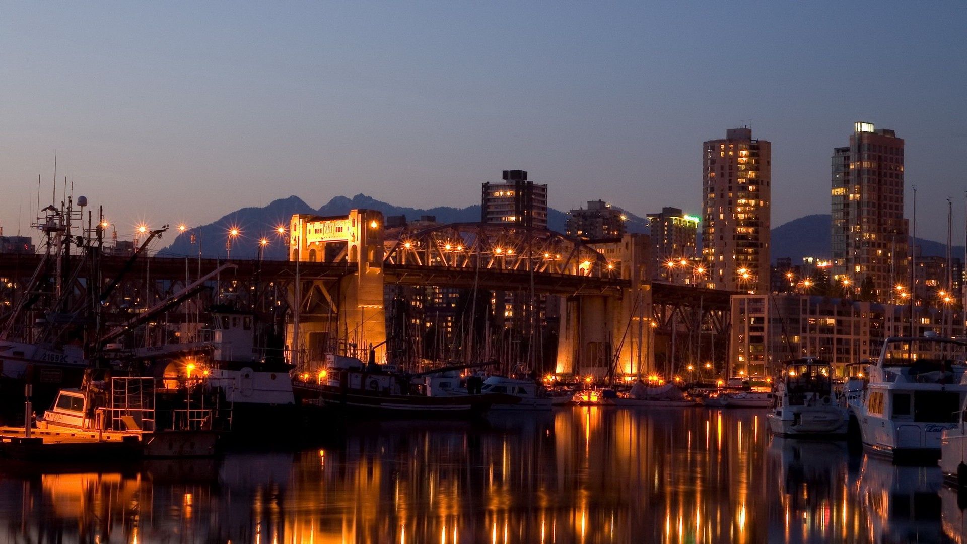 cities, rivers, yachts, reflection, pier, bridge, evening, wharf Panoramic Wallpaper