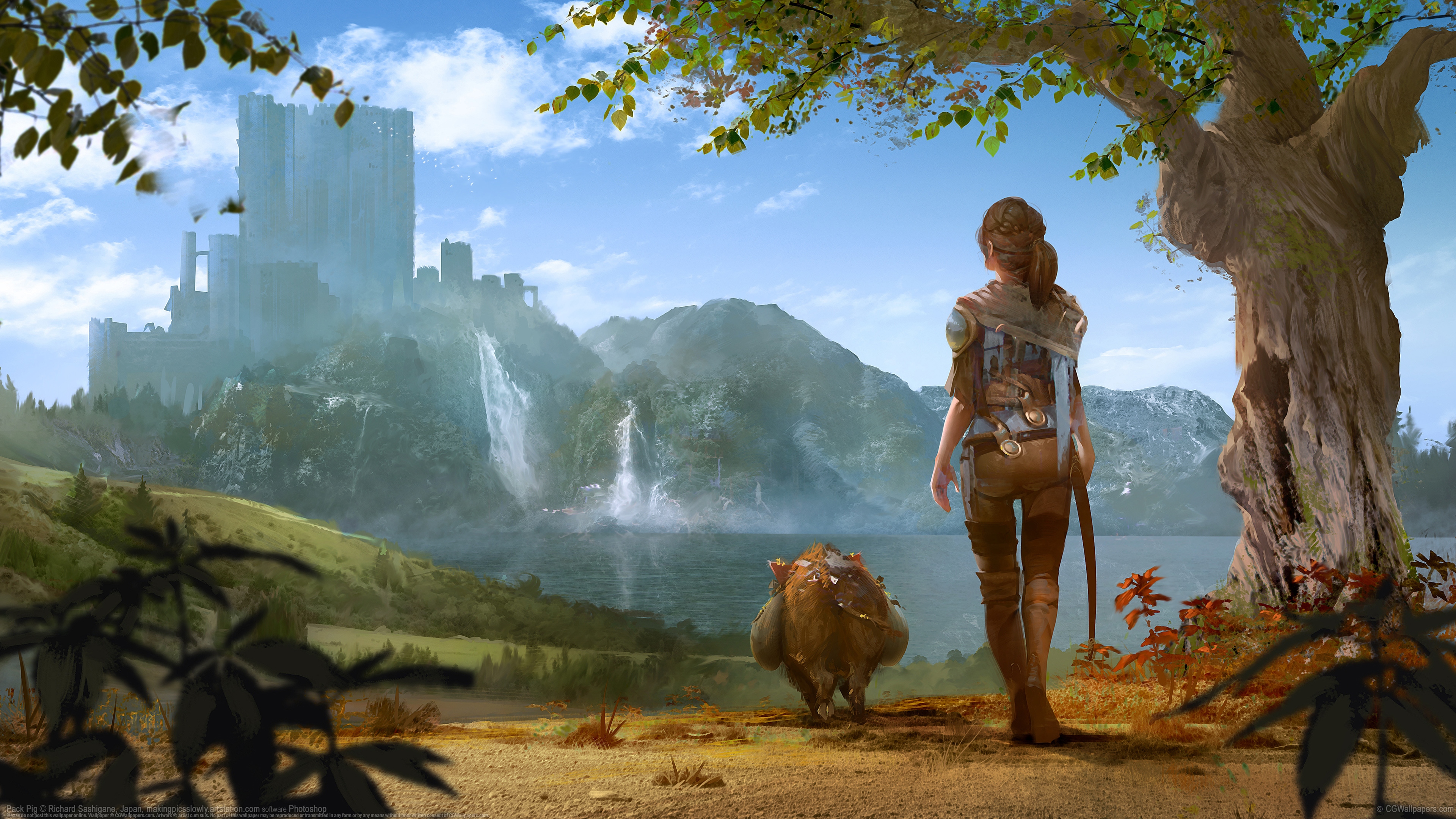 Free download wallpaper Landscape, Fantasy, Women, Castle on your PC desktop