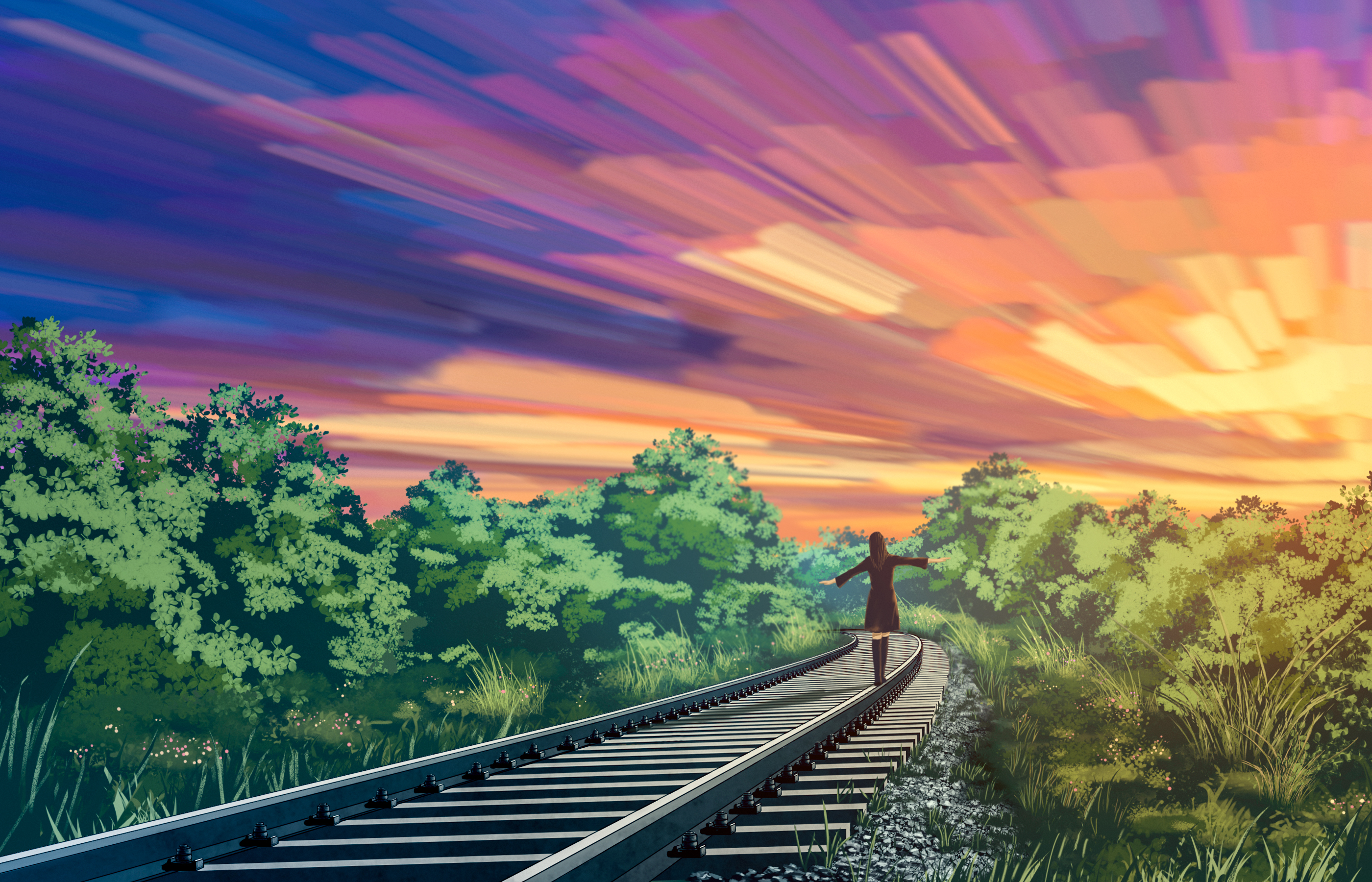 anime, railroad, sunset