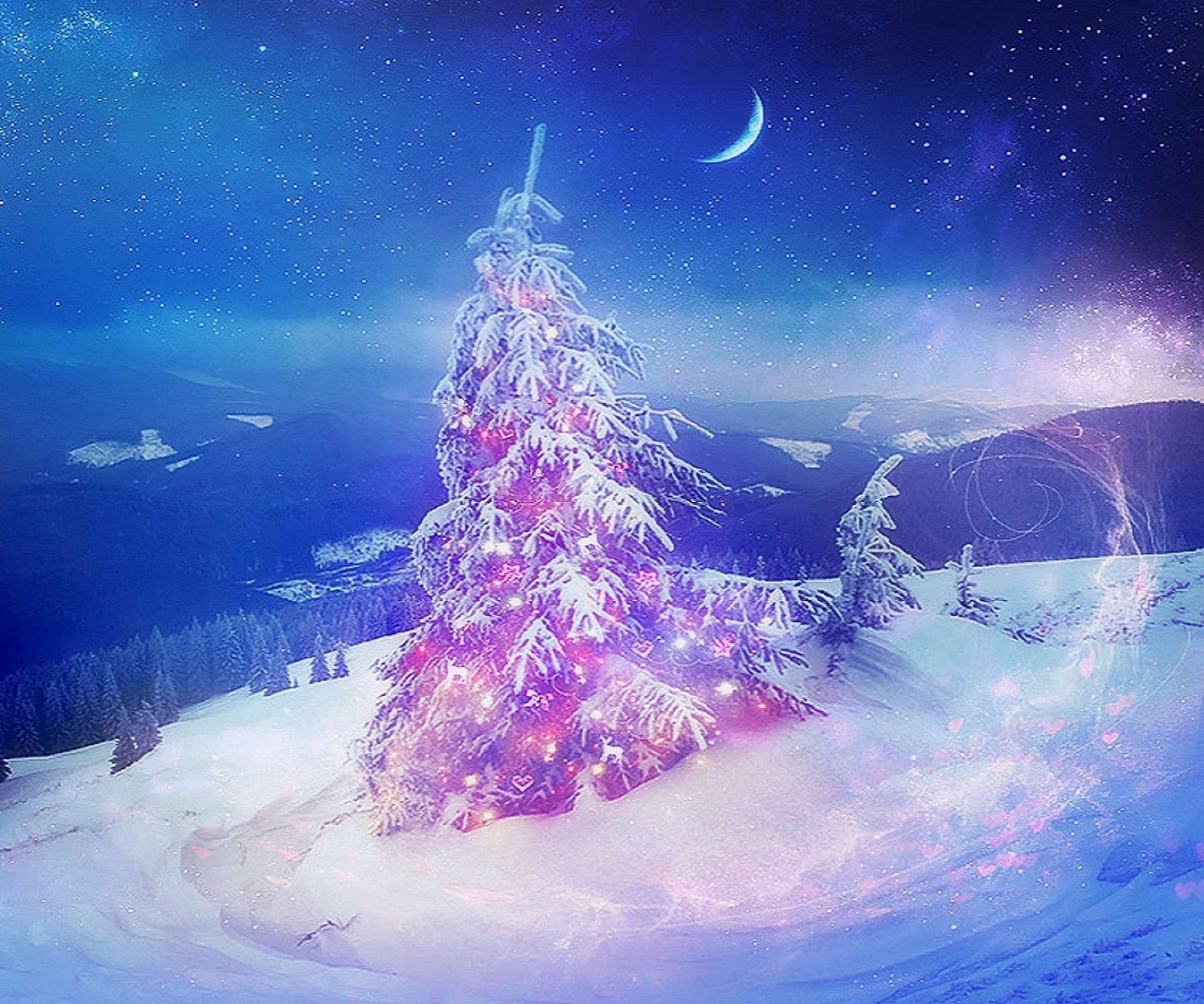 Laden Sie das Feiertage, Winter, Schnee, Weihnachten, Berg, Weihnachtsbaum, Halbmond, Nacht-Bild kostenlos auf Ihren PC-Desktop herunter