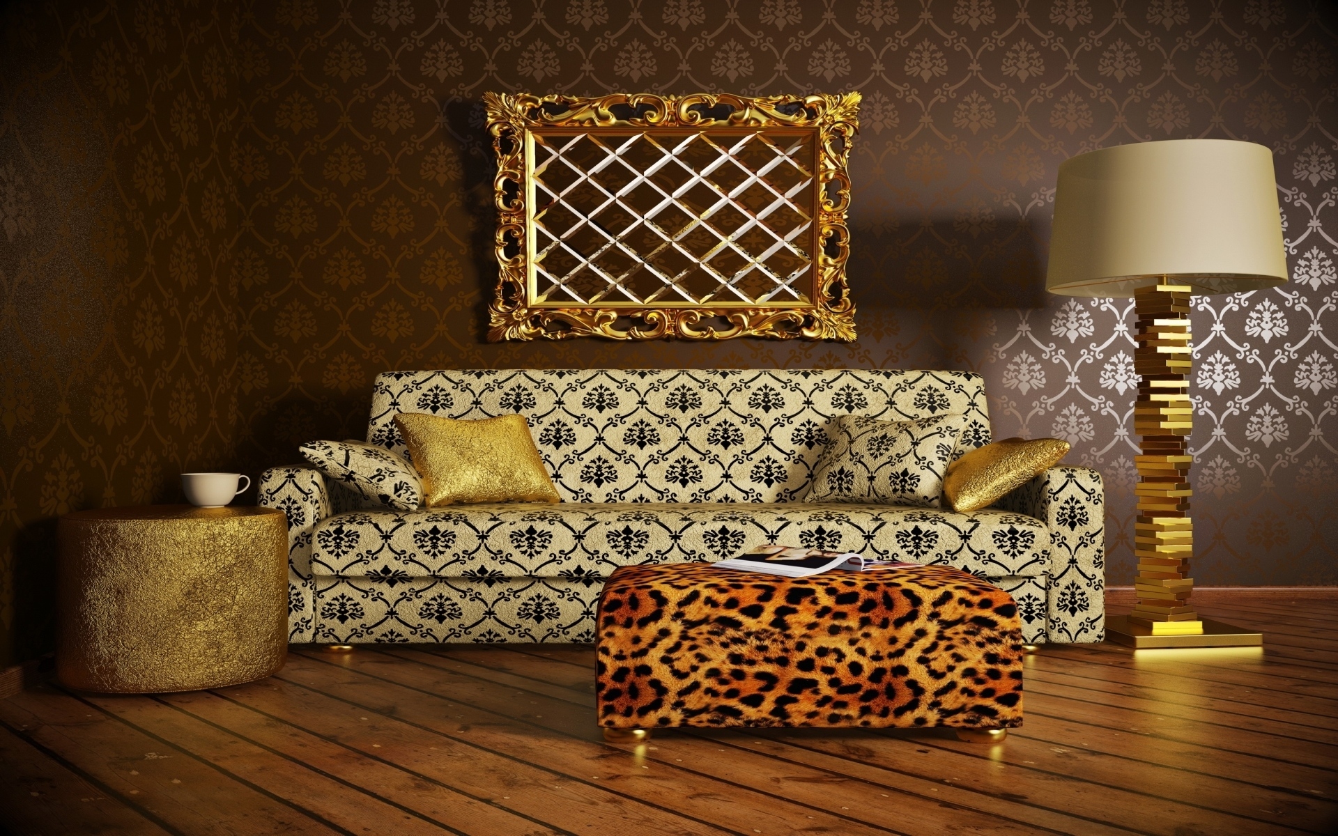 Download mobile wallpaper Lamp, Room, Furniture, Golden, Man Made, Couch for free.