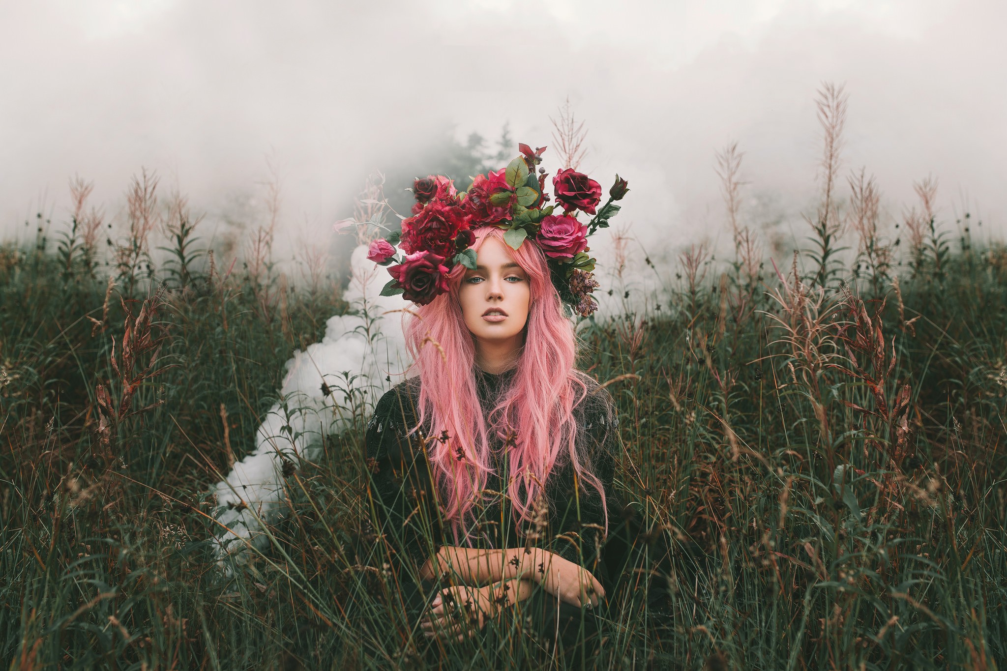 Download mobile wallpaper Grass, Flower, Field, Mood, Wreath, Women, Pink Hair, Long Hair for free.