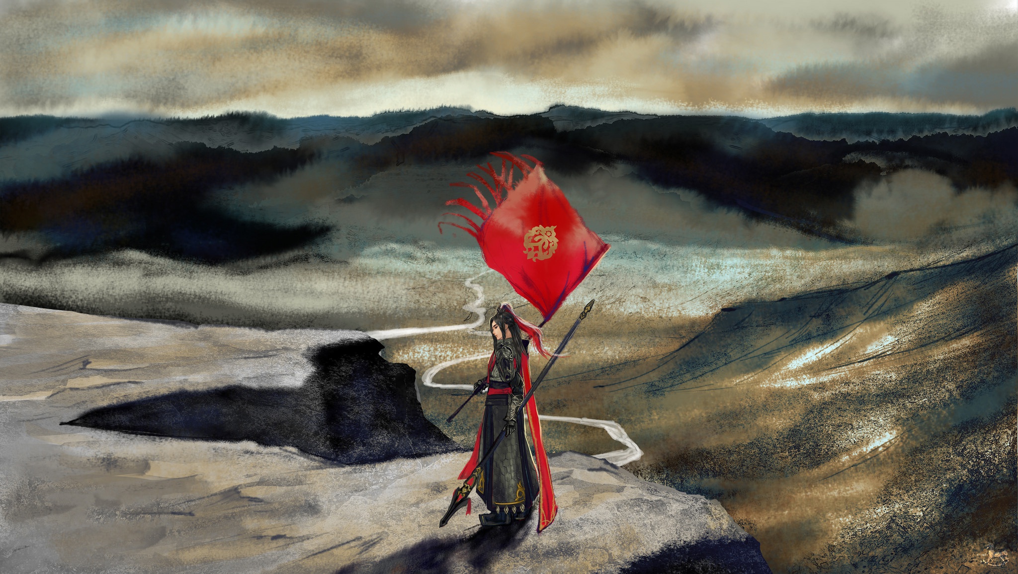 Download mobile wallpaper Landscape, Fantasy, Oriental, Women Warrior, Woman Warrior, Lance, Banner for free.