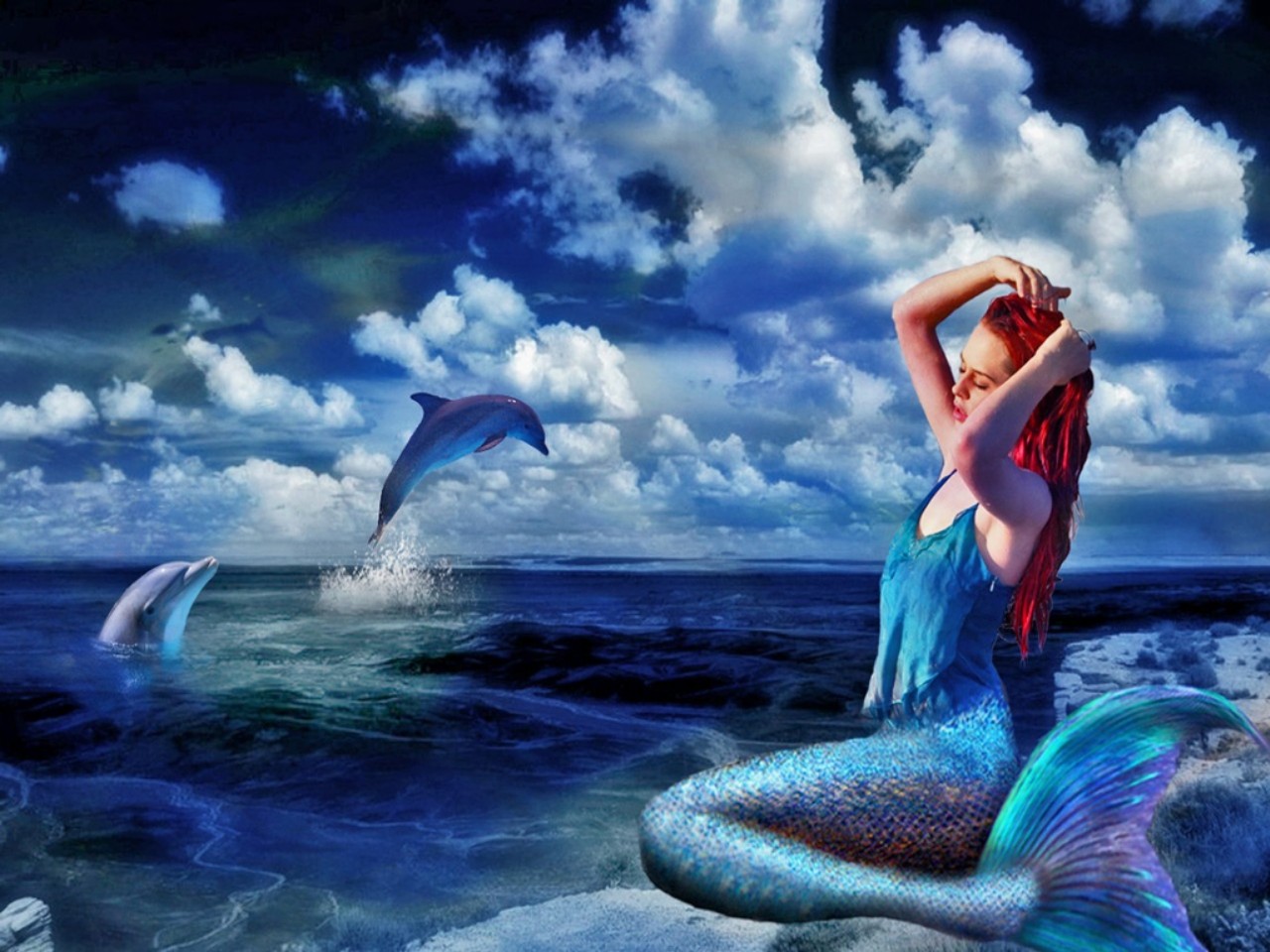 1439904 Hintergrundbild herunterladen fantasie, meerjungfrau, delfin, ozean - Bildschirmschoner und Bilder kostenlos