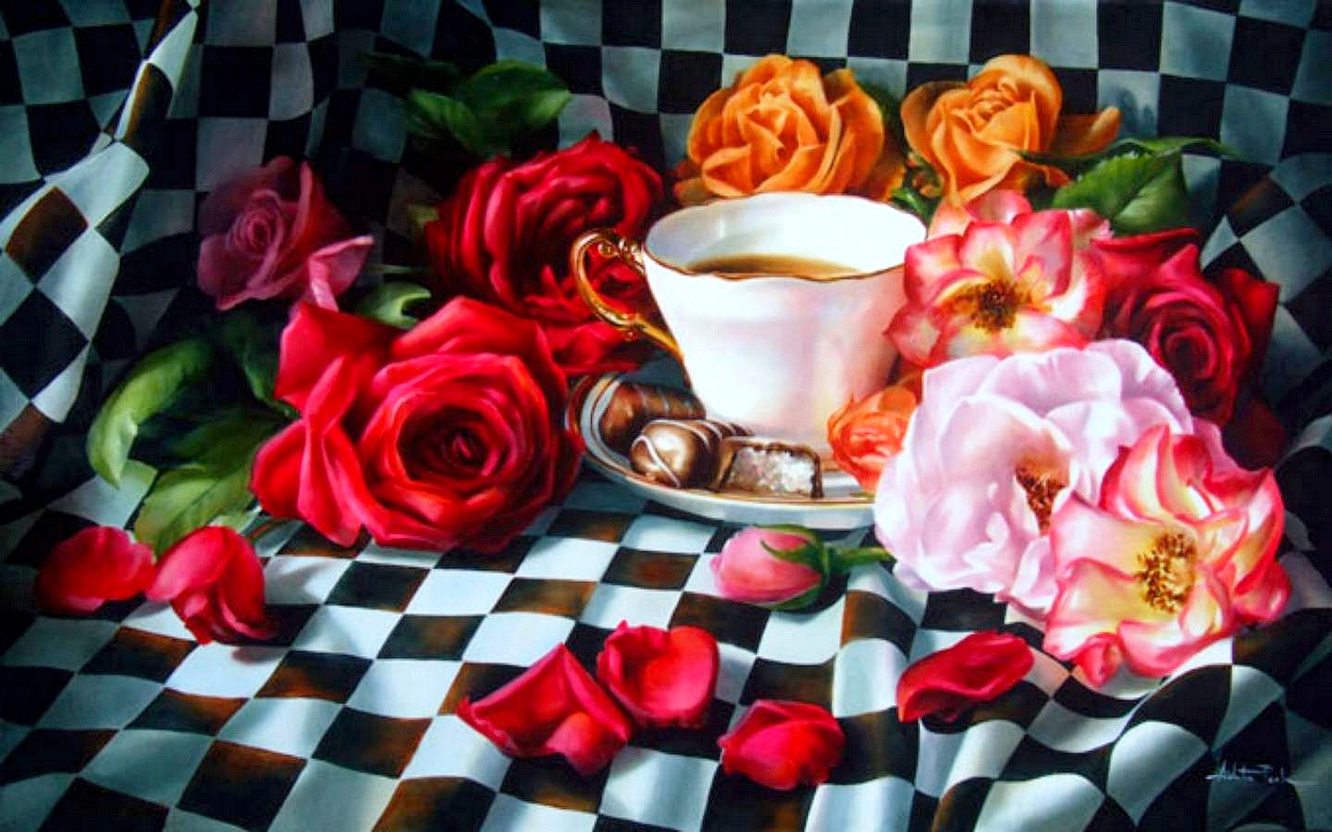 無料モバイル壁紙チョコレート, カップ, 静物, 花, 薔薇, ペインティング, 芸術的, 花弁, バレンタイン・デーをダウンロードします。
