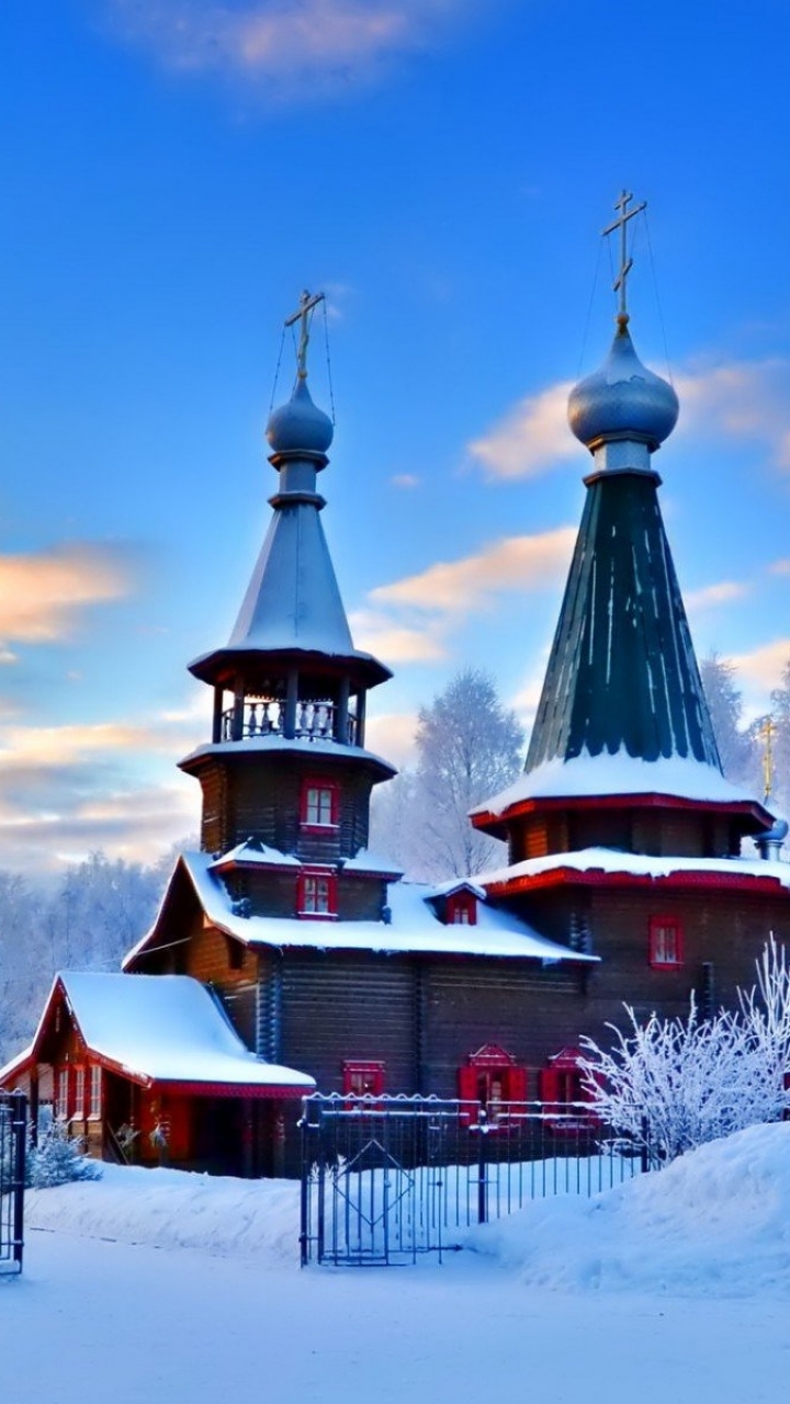 Download mobile wallpaper Winter, Architecture, Snow, Building, Fence, Russia, Church, Churches, Man Made, Religious for free.