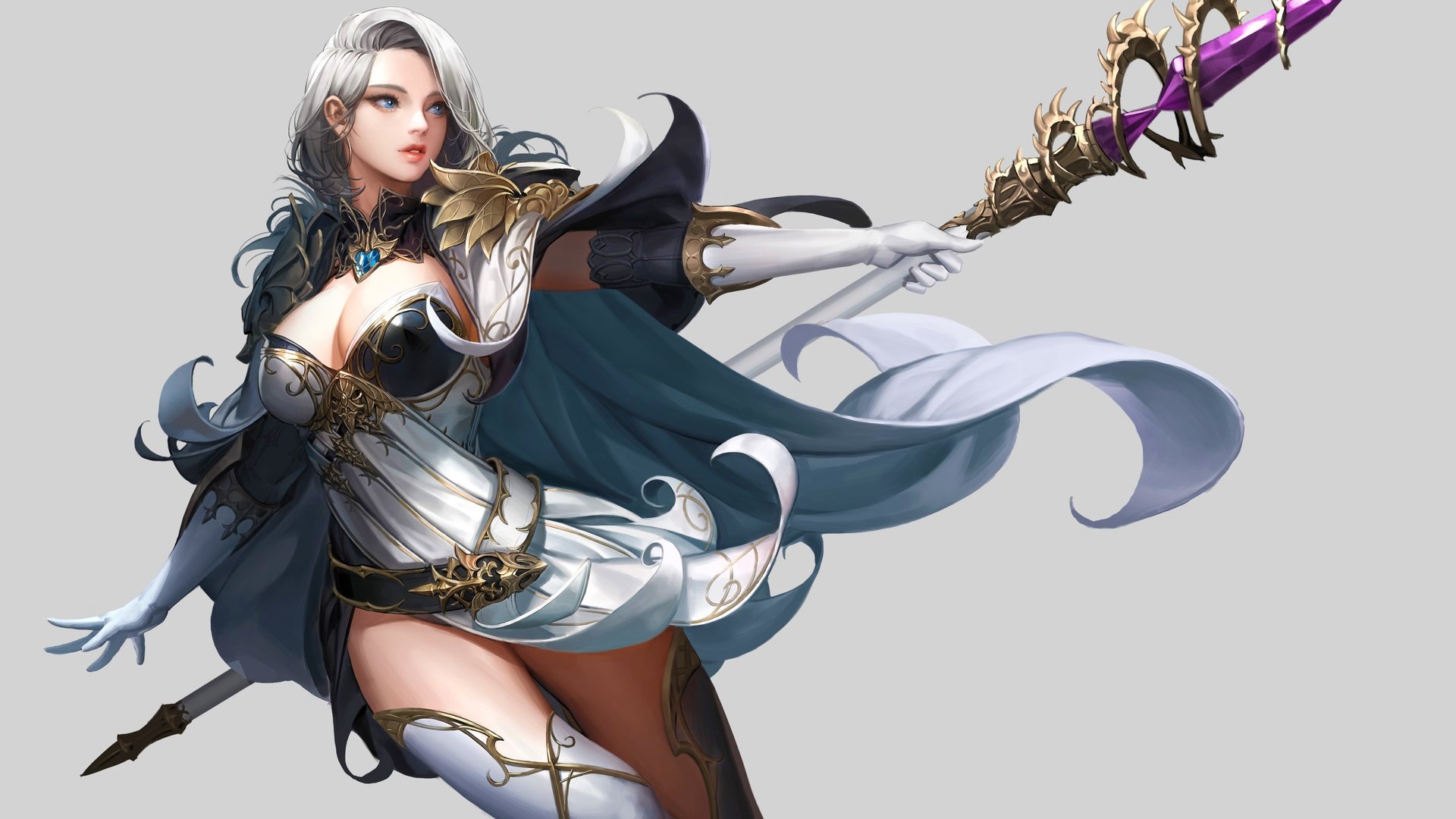 Download mobile wallpaper Fantasy, Weapon, Cape, Blue Eyes, Women Warrior, White Hair, Woman Warrior for free.