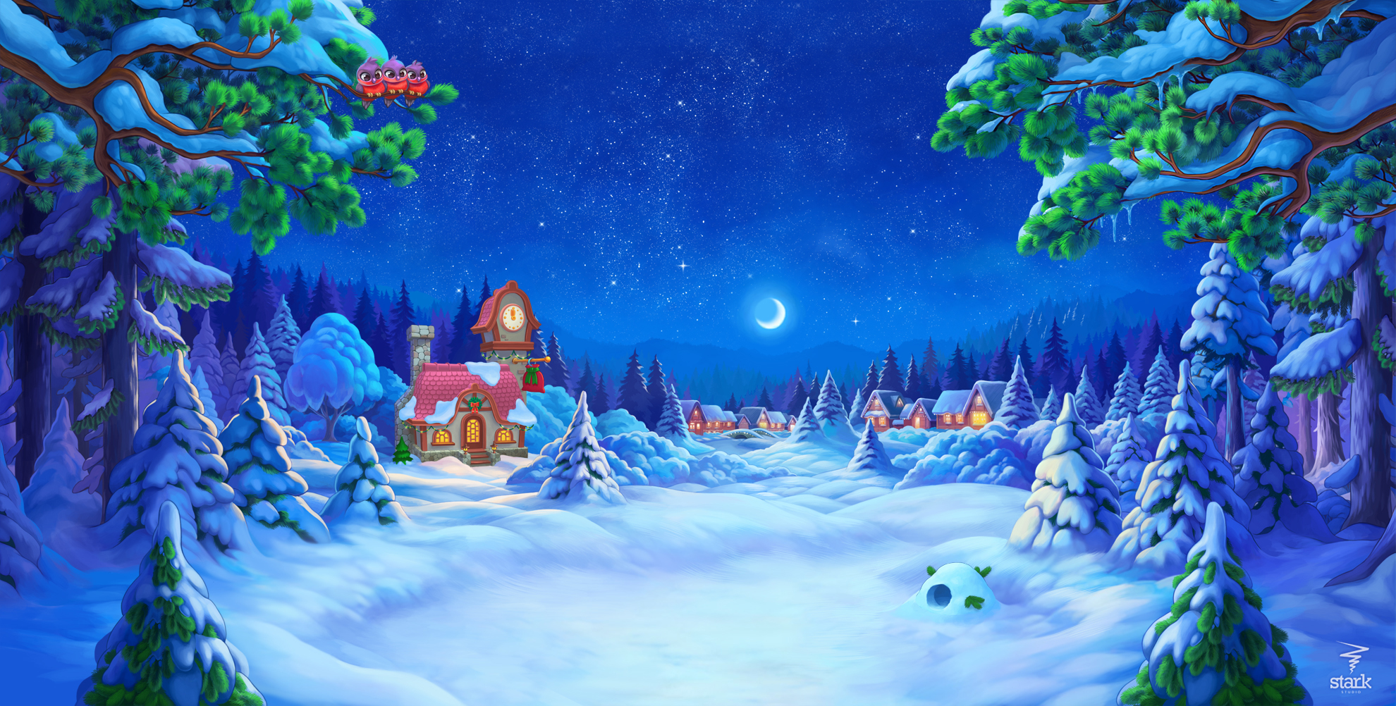Laden Sie das Winter, Mond, Schnee, Dorf, Nacht, Künstlerisch-Bild kostenlos auf Ihren PC-Desktop herunter