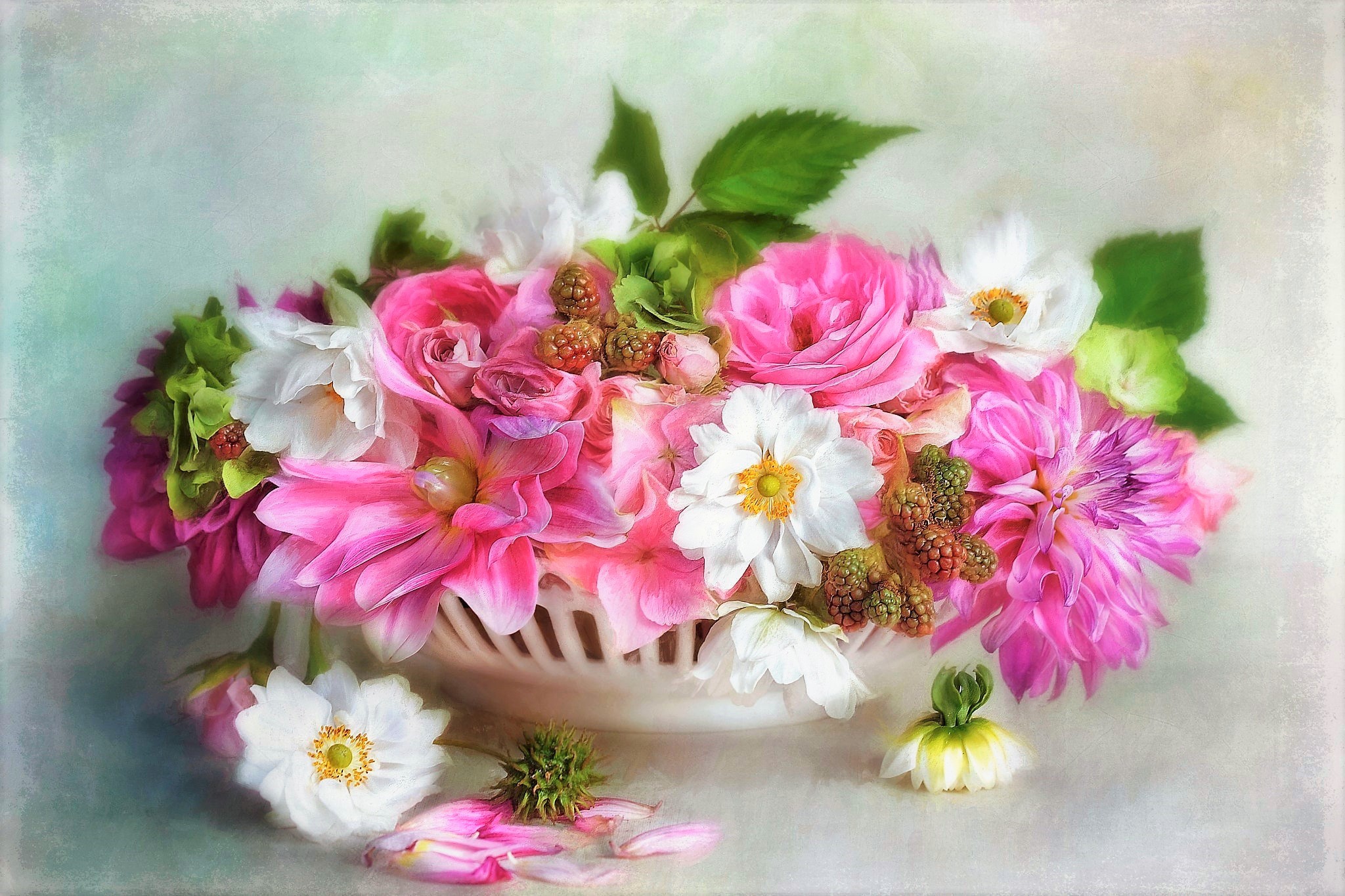 856022画像をダウンロード芸術的, ペインティング, 丼鉢, 花, ピンクの花, 静物, 白い花-壁紙とスクリーンセーバーを無料で