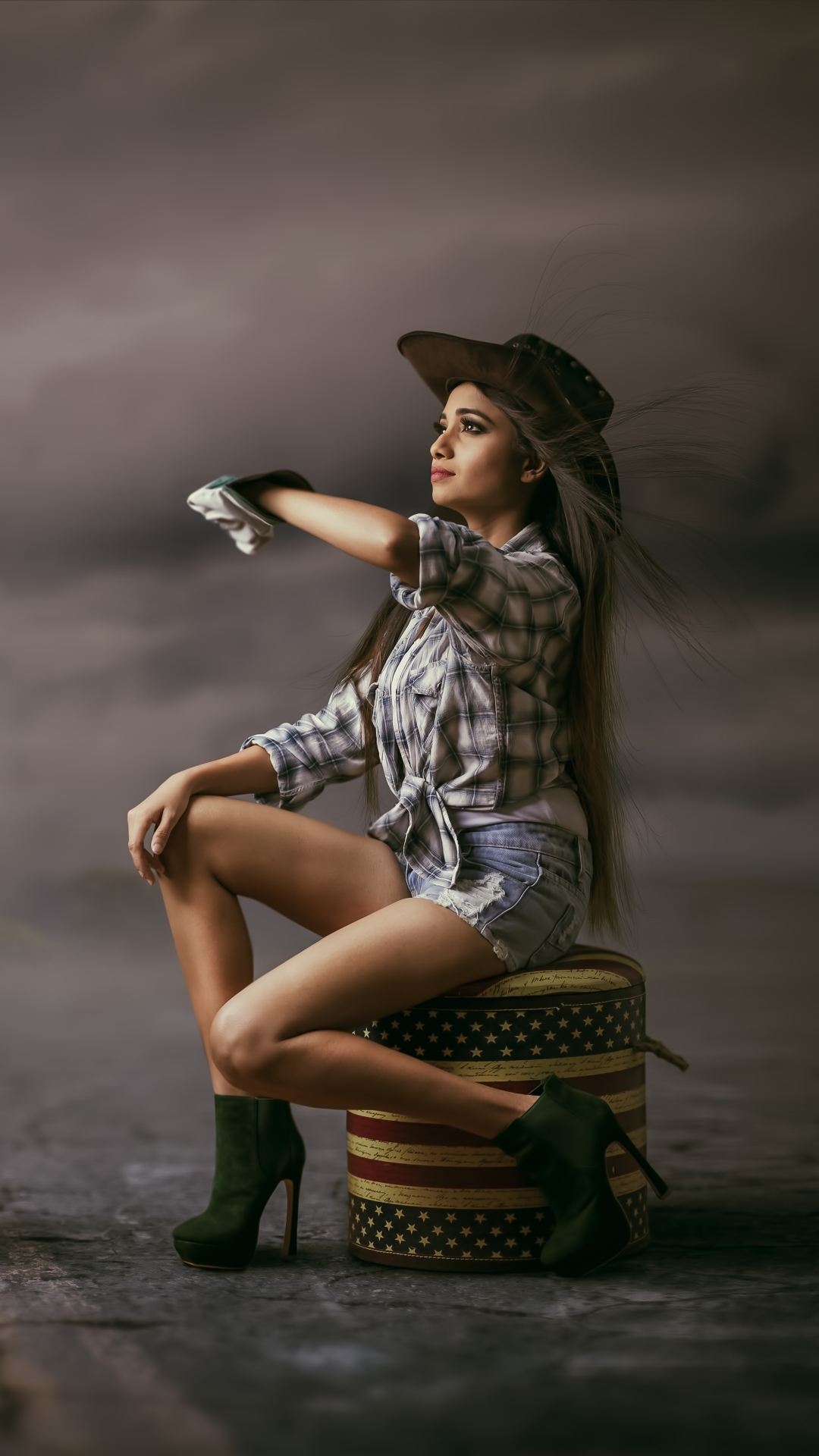 Download mobile wallpaper Bird, Mood, Hat, Photography, Model, Shorts, Manipulation, Long Hair for free.