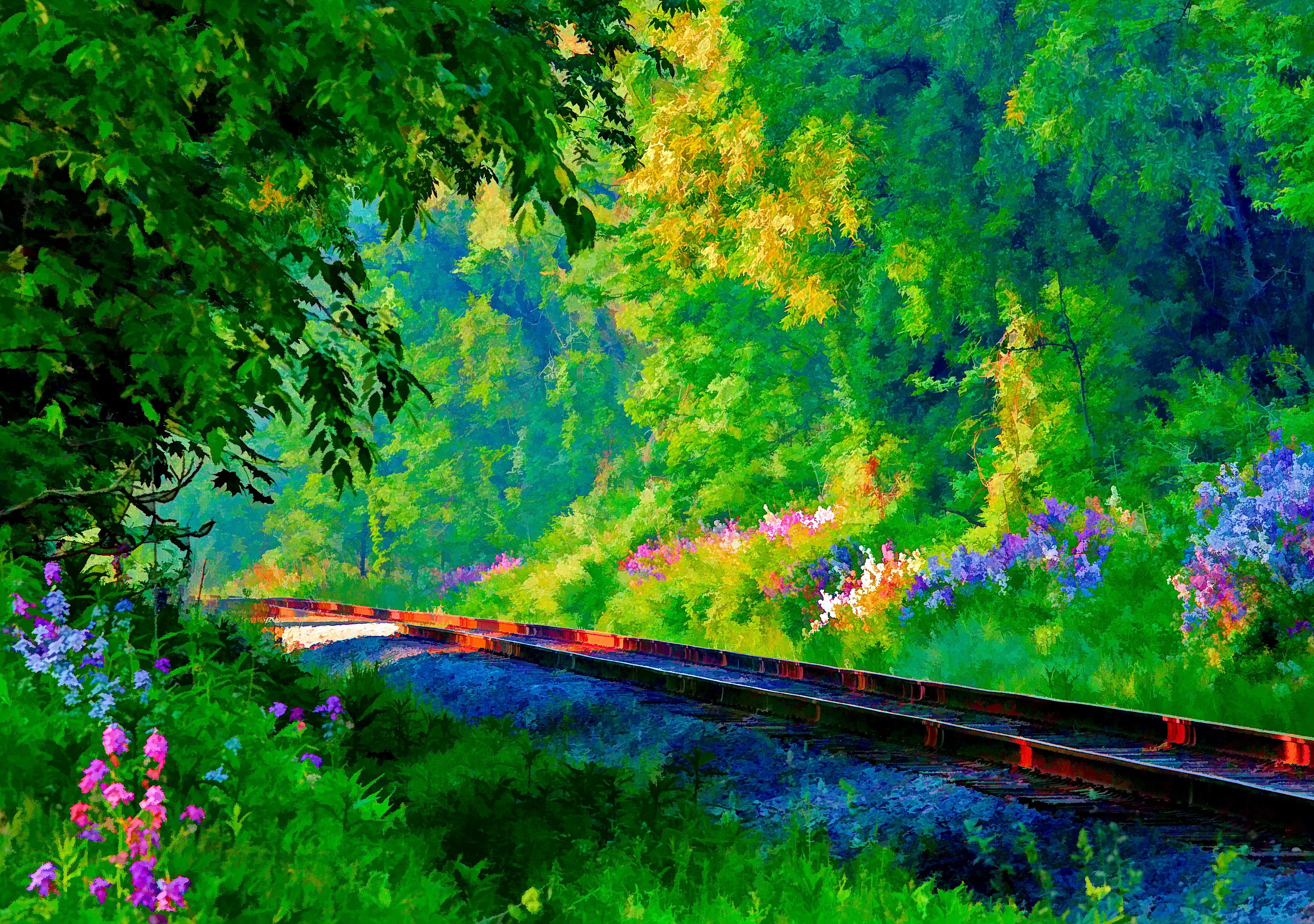 Download mobile wallpaper Grass, Flower, Colorful, Painting, Spring, Artistic, Railroad for free.