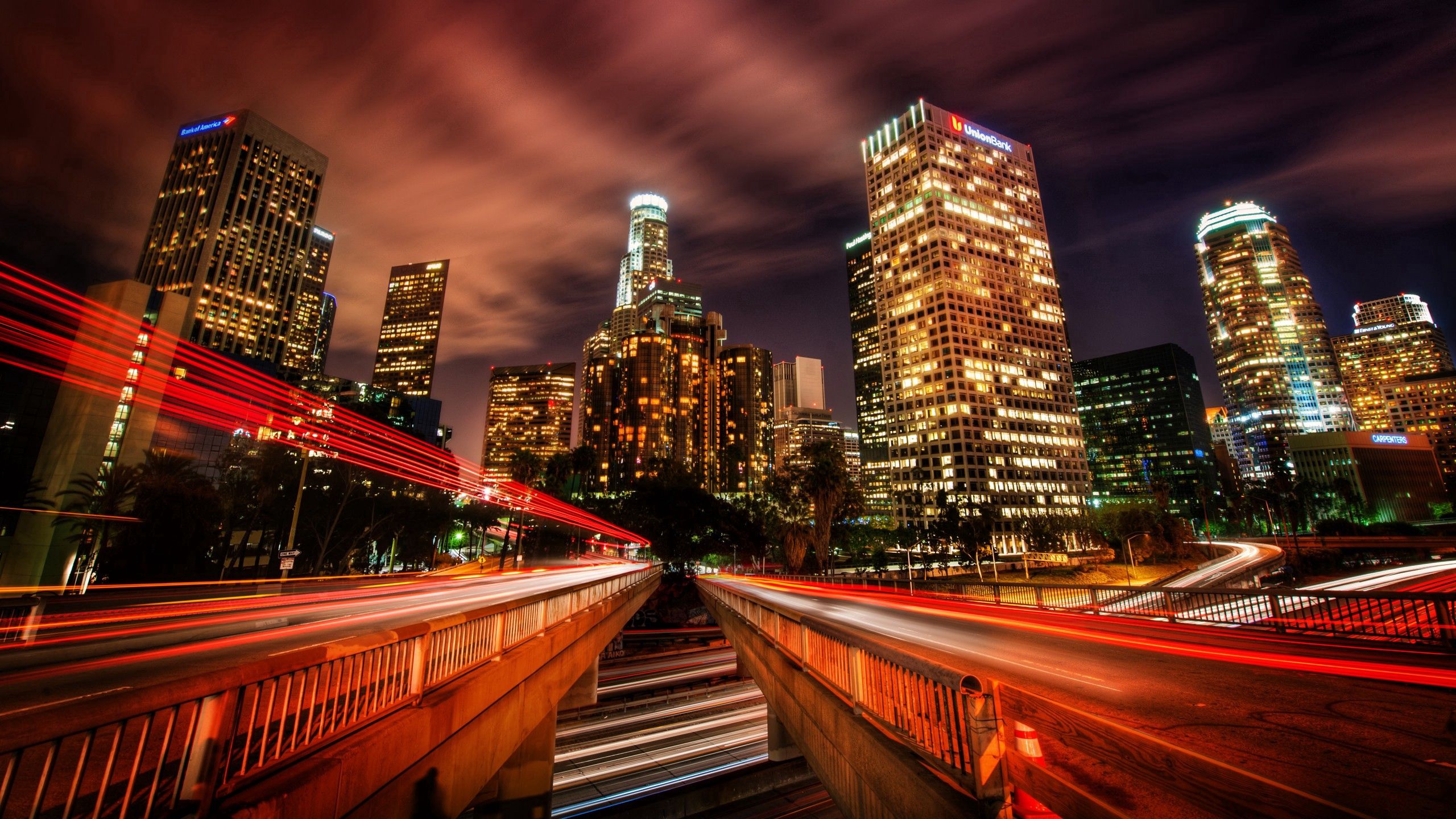 Download mobile wallpaper Movement, Traffic, Skyscrapers, Cities, City, Speed, Night, Hdr, Los Angeles for free.