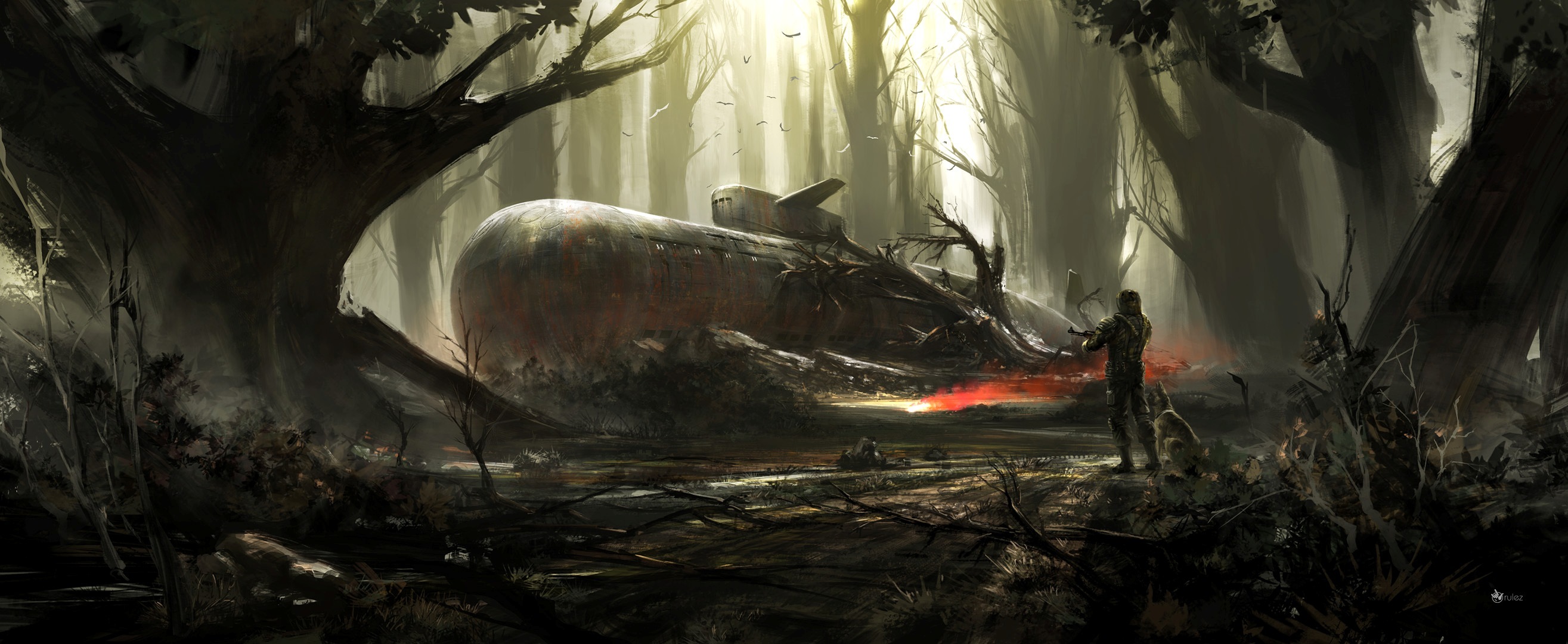 Download mobile wallpaper Forest, Sci Fi, Submarine, Soldier, Post Apocalyptic for free.