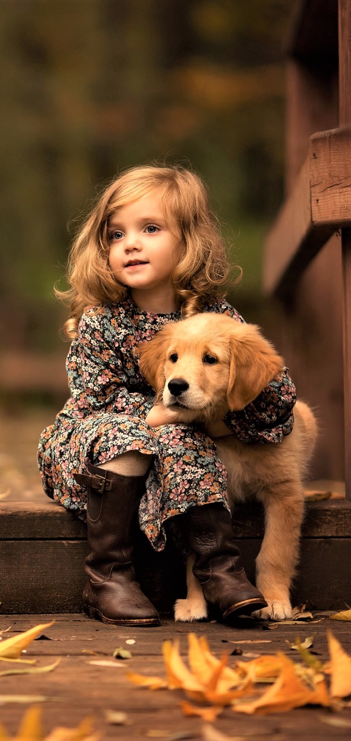 Download mobile wallpaper Puppy, Golden Retriever, Child, Photography, Little Girl for free.