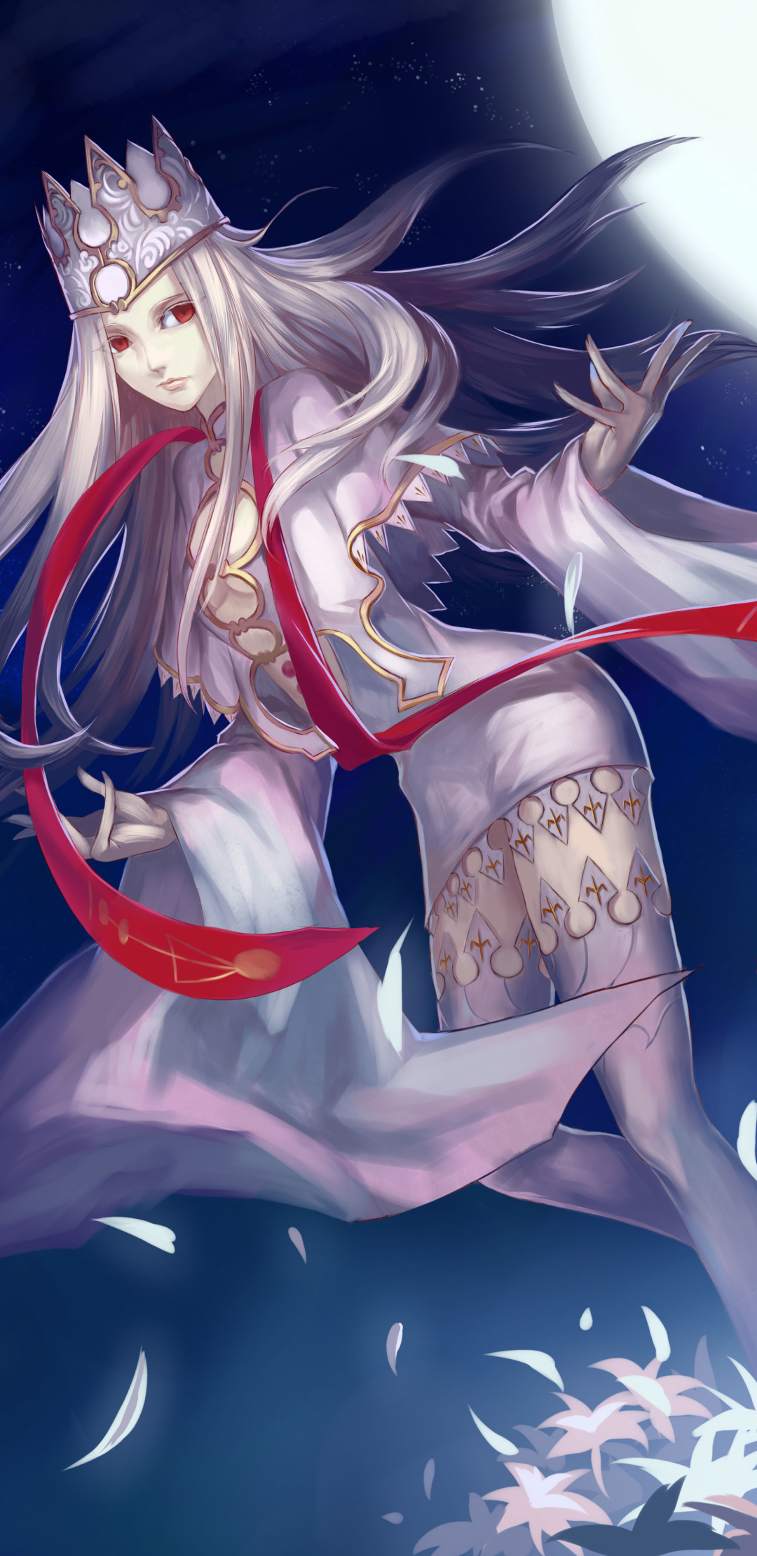 Download mobile wallpaper Anime, Night, Crown, Red Eyes, Long Hair, White Hair, Fate/zero, Irisviel Von Einzbern, Fate Series for free.