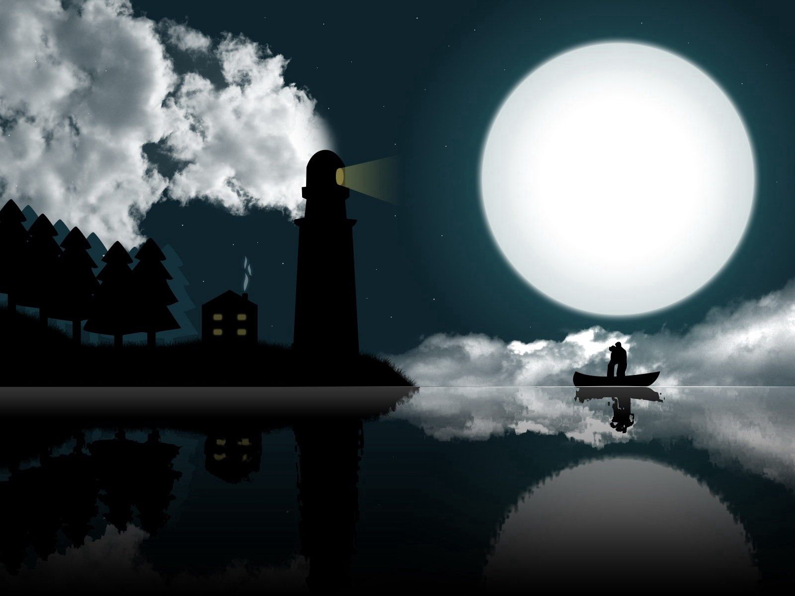 Free download wallpaper Sky, Shore, Bank, Shine, Forest, Lighthouse, Light, Boat, Sea, Moon, Vector on your PC desktop