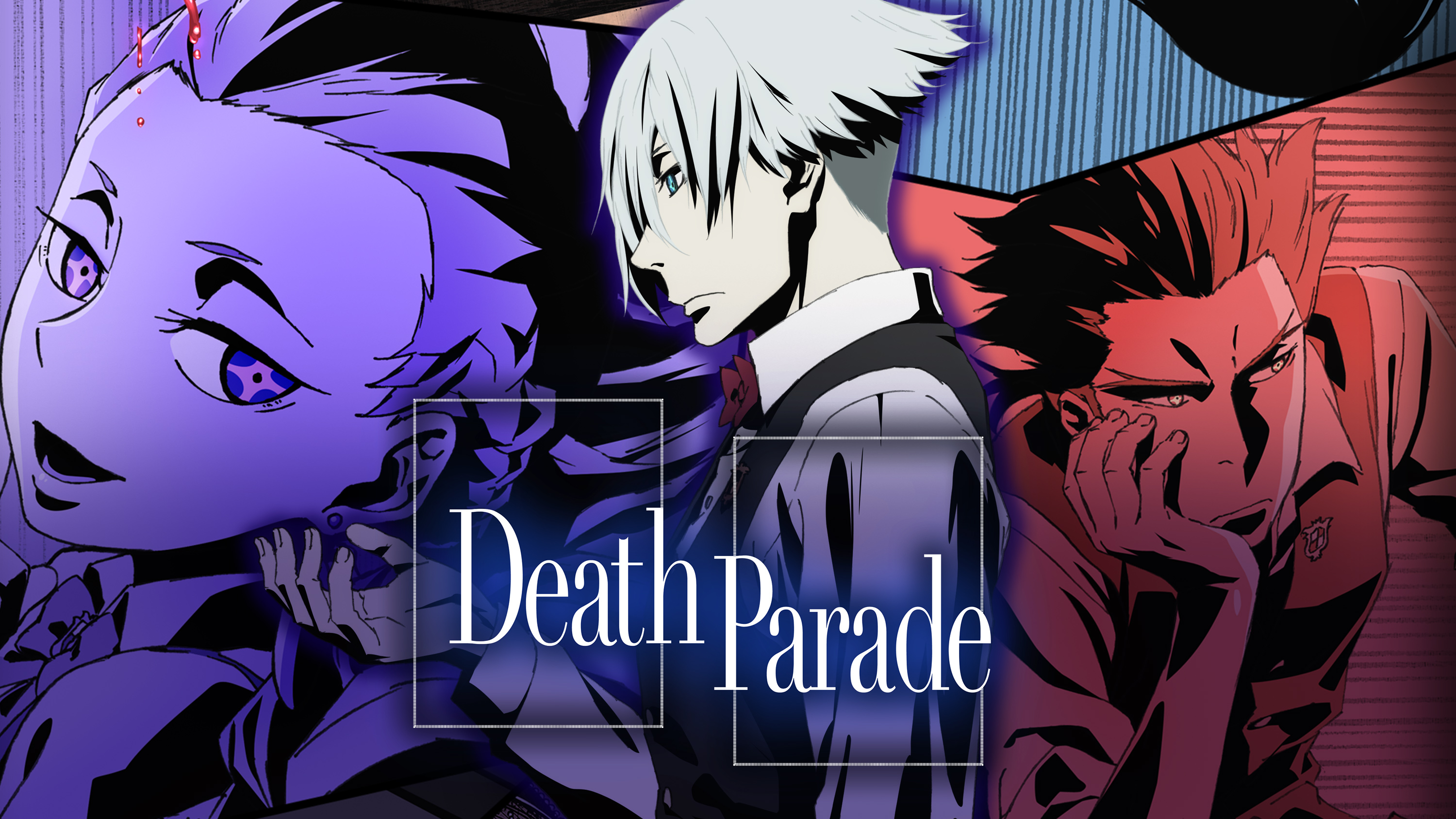 anime, death parade, blue eyes, decim (death parade), ginti (death parade), nona (death parade), purple eyes, purple hair, red hair, smile, white hair
