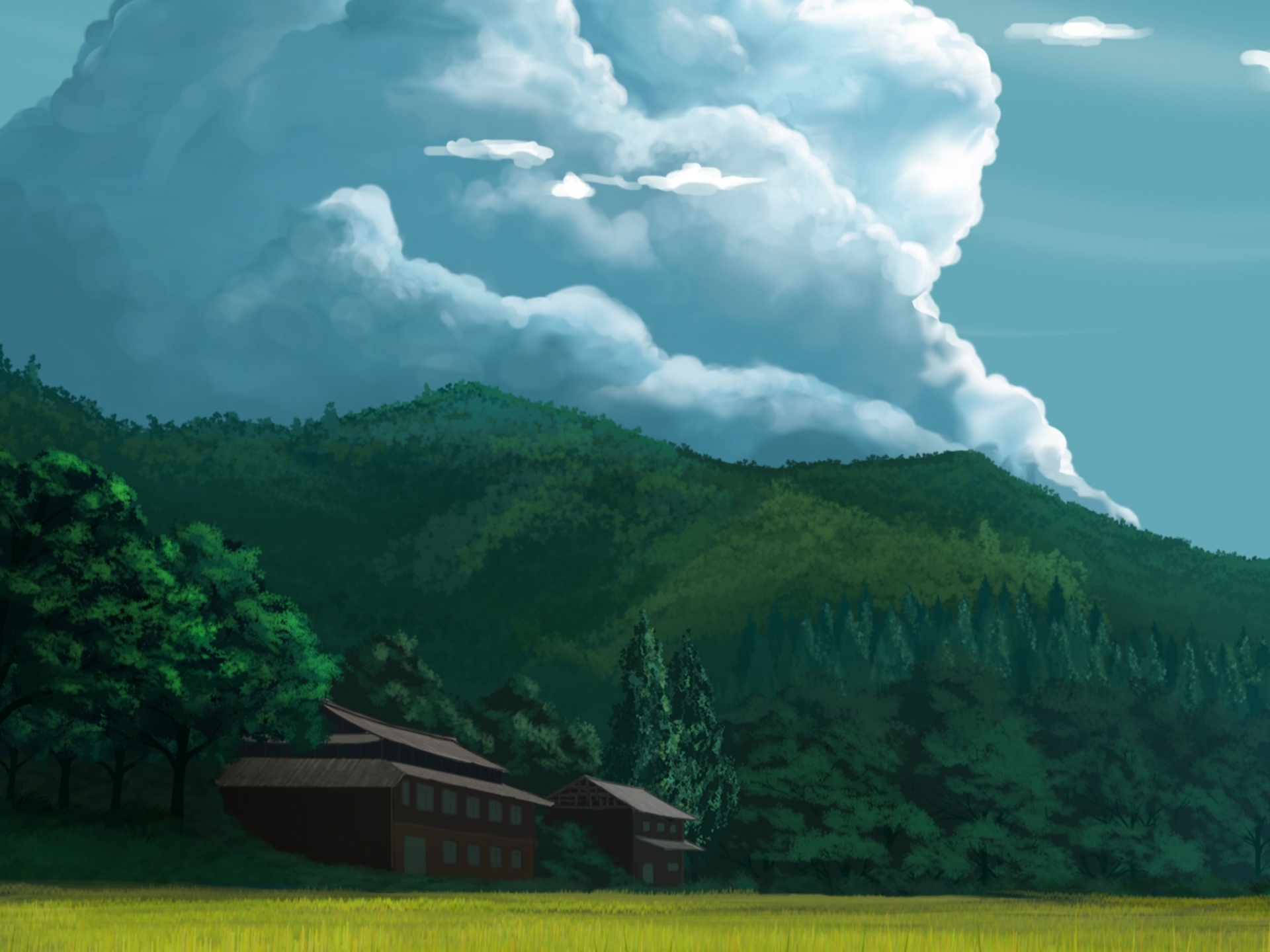 Download mobile wallpaper Anime, Building, Forest, Field, Cloud, Countryside, Original for free.