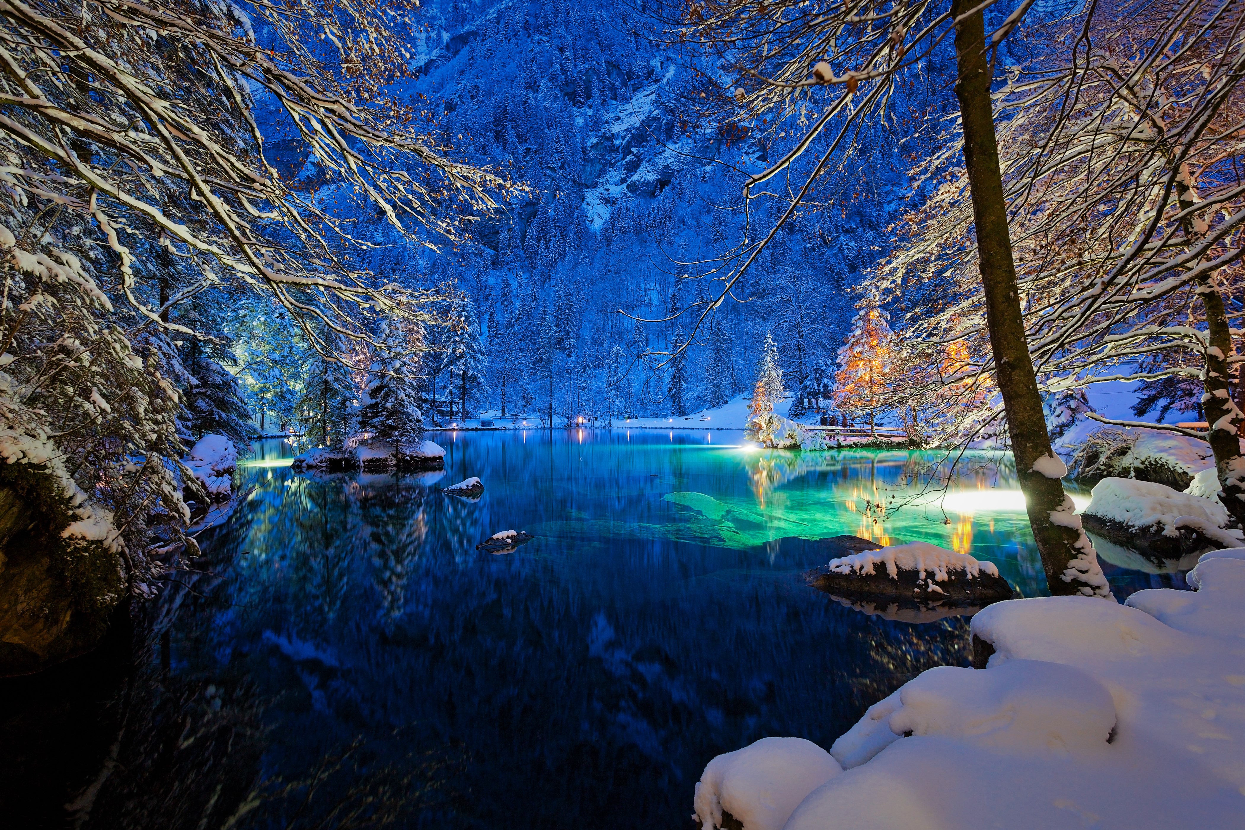 switzerland, winter, earth, lake, night, snow, tree, lakes
