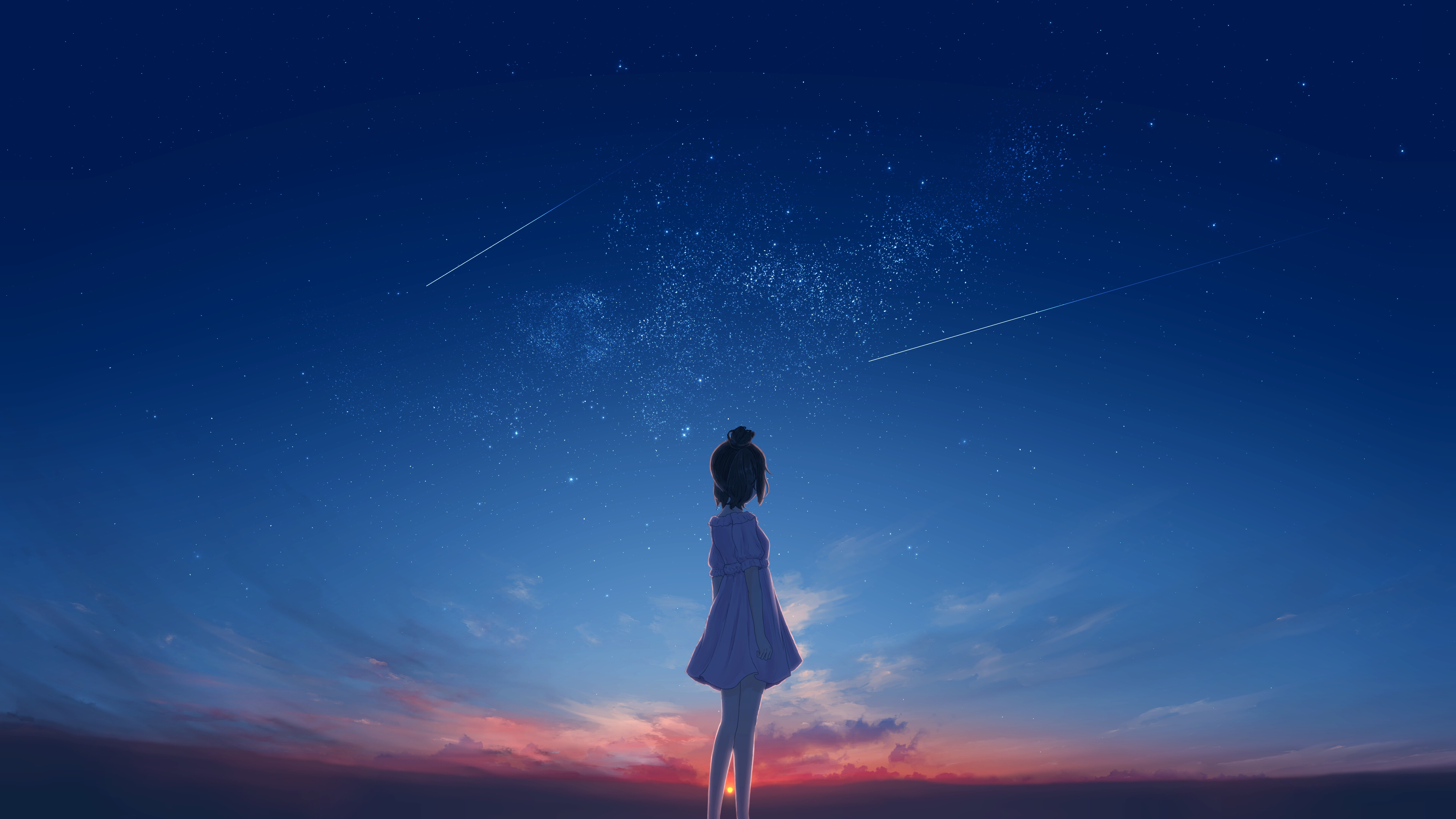 Handy-Wallpaper Nacht, Himmel, Sonnenuntergang, Animes, Sternenklarer Himmel kostenlos herunterladen.