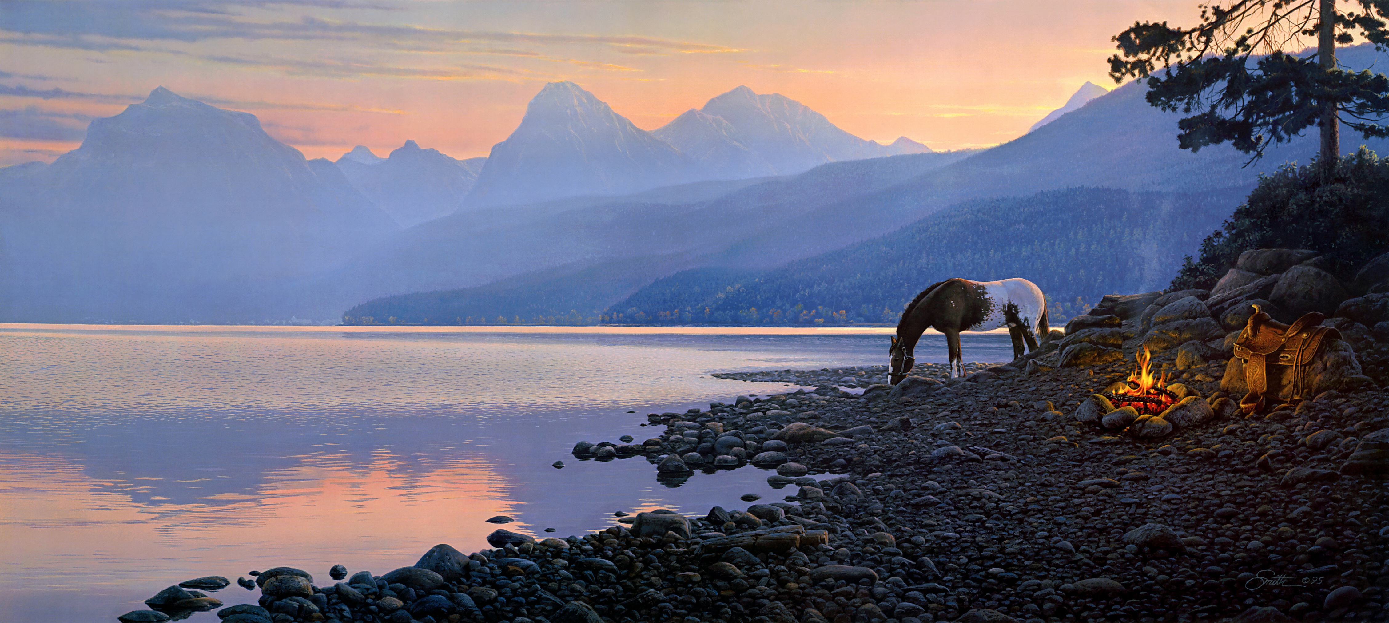 Free download wallpaper Sunset, Bonfire, Mountain, Lake, Fog, Animal, Horse, Pebbles on your PC desktop