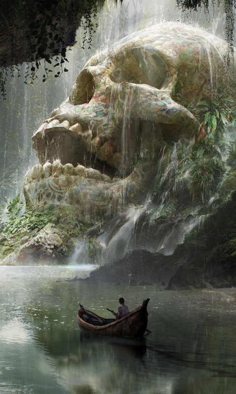 Download mobile wallpaper Fantasy, Waterfall, Boat, Cave, River, Skull for free.