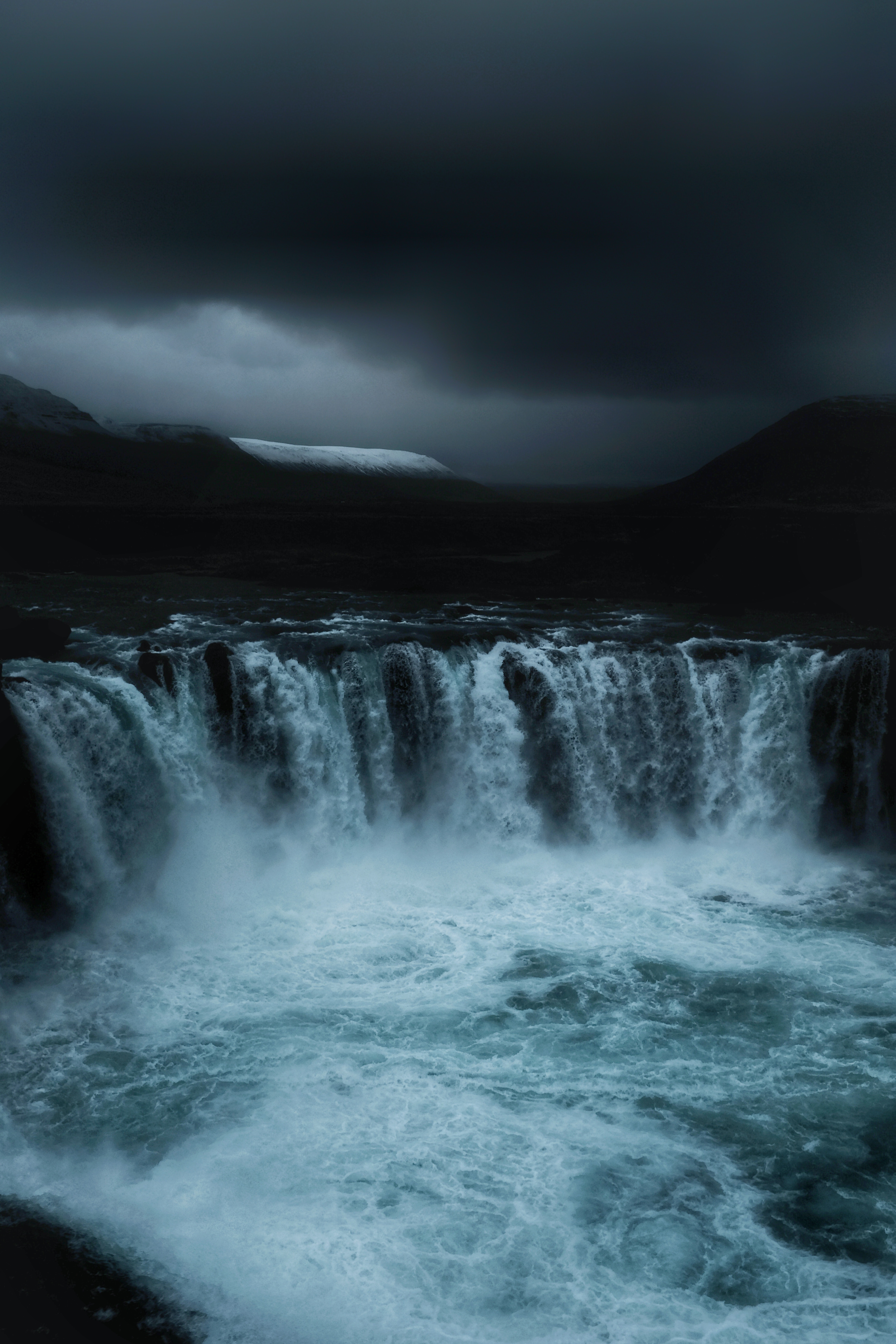 flow, waterfall, nature, dark, fog, mainly cloudy, overcast Full HD