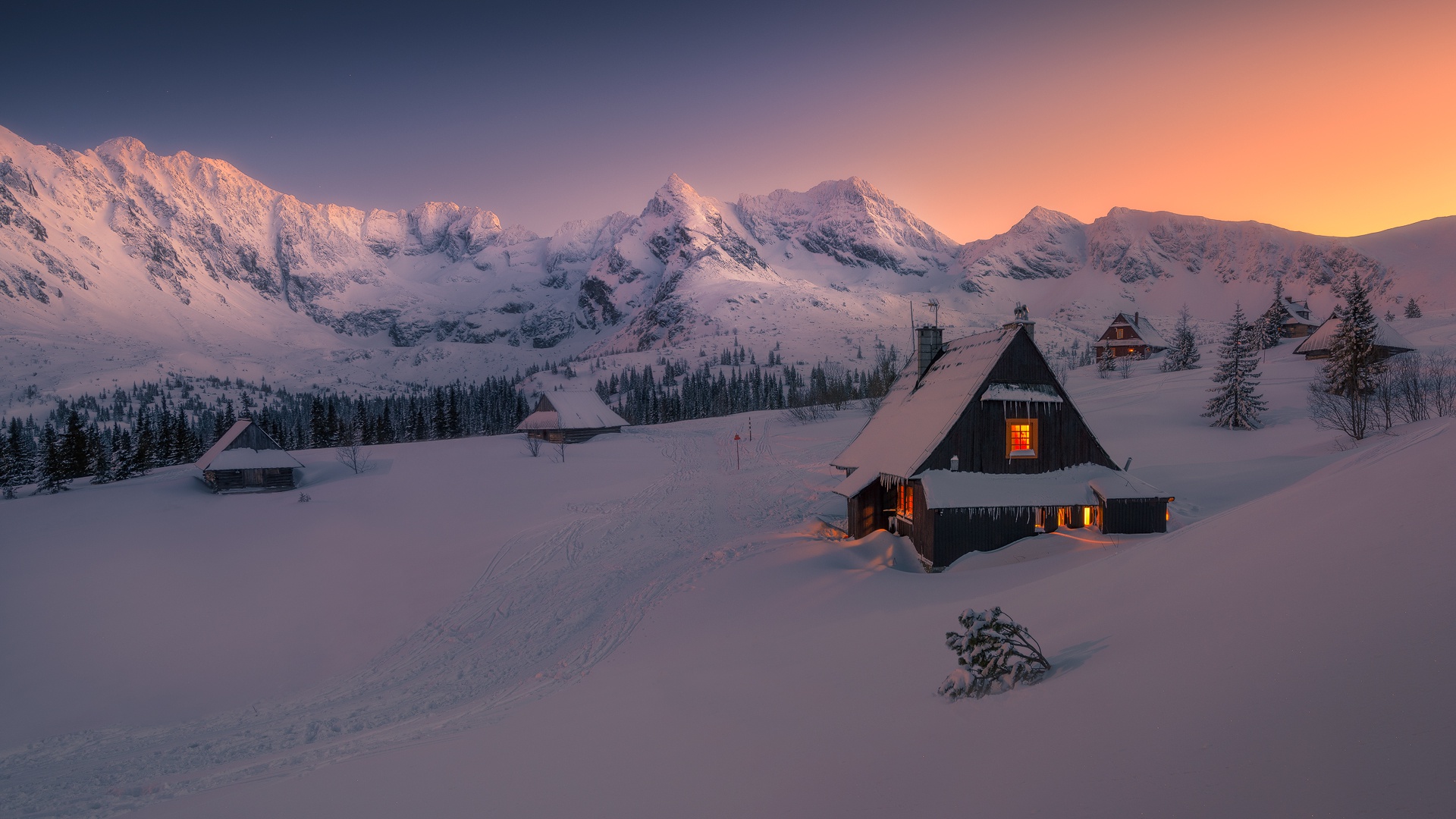 Laden Sie das Winter, Natur, Schnee, Haus, Abend, Gebirge, Fotografie-Bild kostenlos auf Ihren PC-Desktop herunter