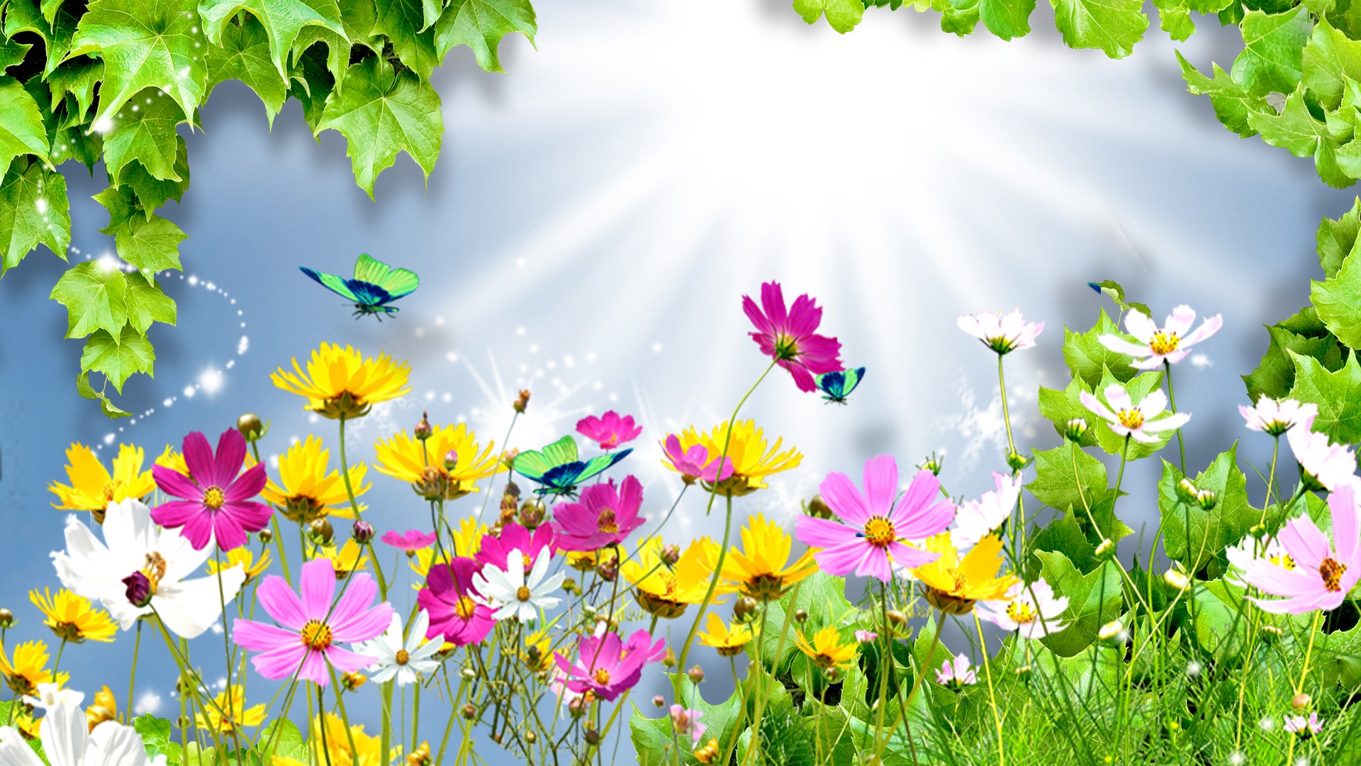 Download mobile wallpaper Grass, Flower, Leaf, Butterfly, Colorful, Spring, Artistic, Cosmos for free.