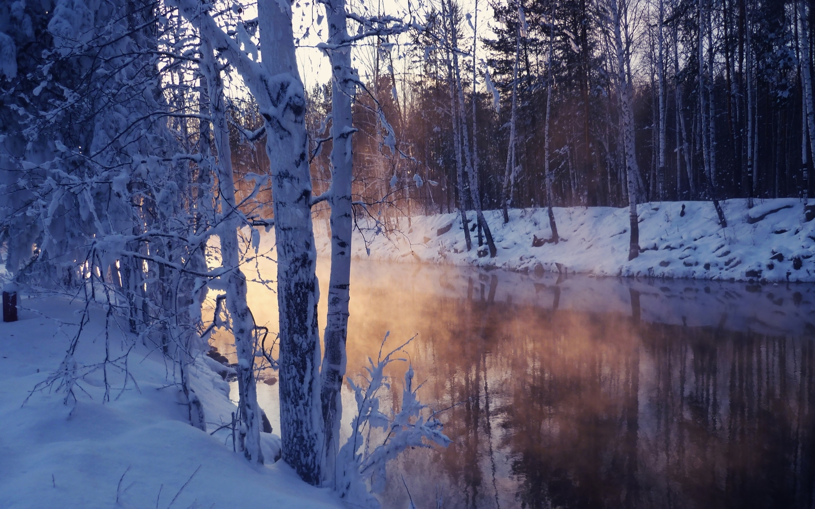 Free download wallpaper Landscape, Rivers, Trees, Snow on your PC desktop