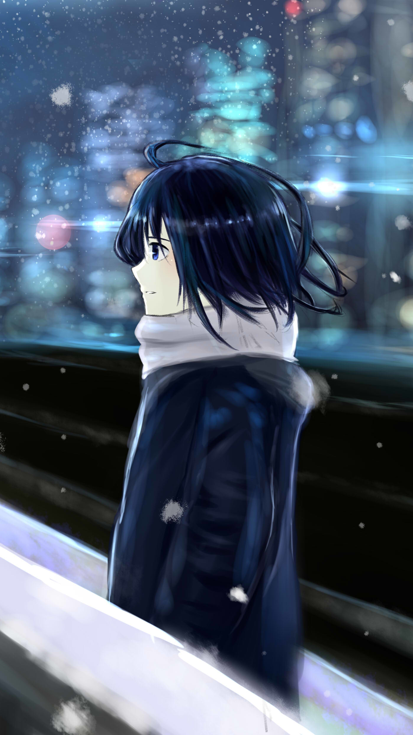 Download mobile wallpaper Anime, Night, Snow, City, Light, Cold, Scarf, Original for free.
