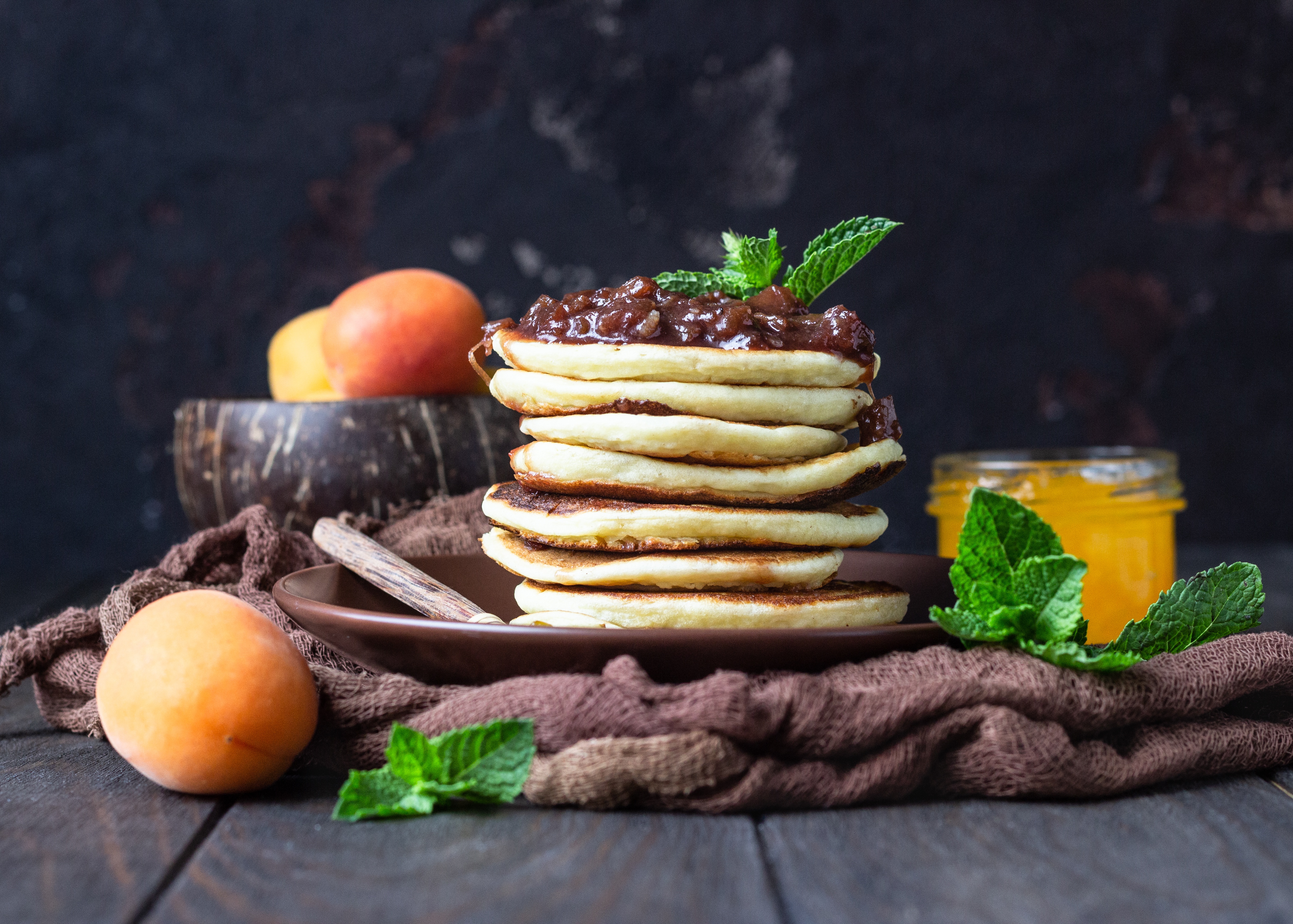Download mobile wallpaper Food, Still Life, Jam, Breakfast, Pancake, Apricot for free.