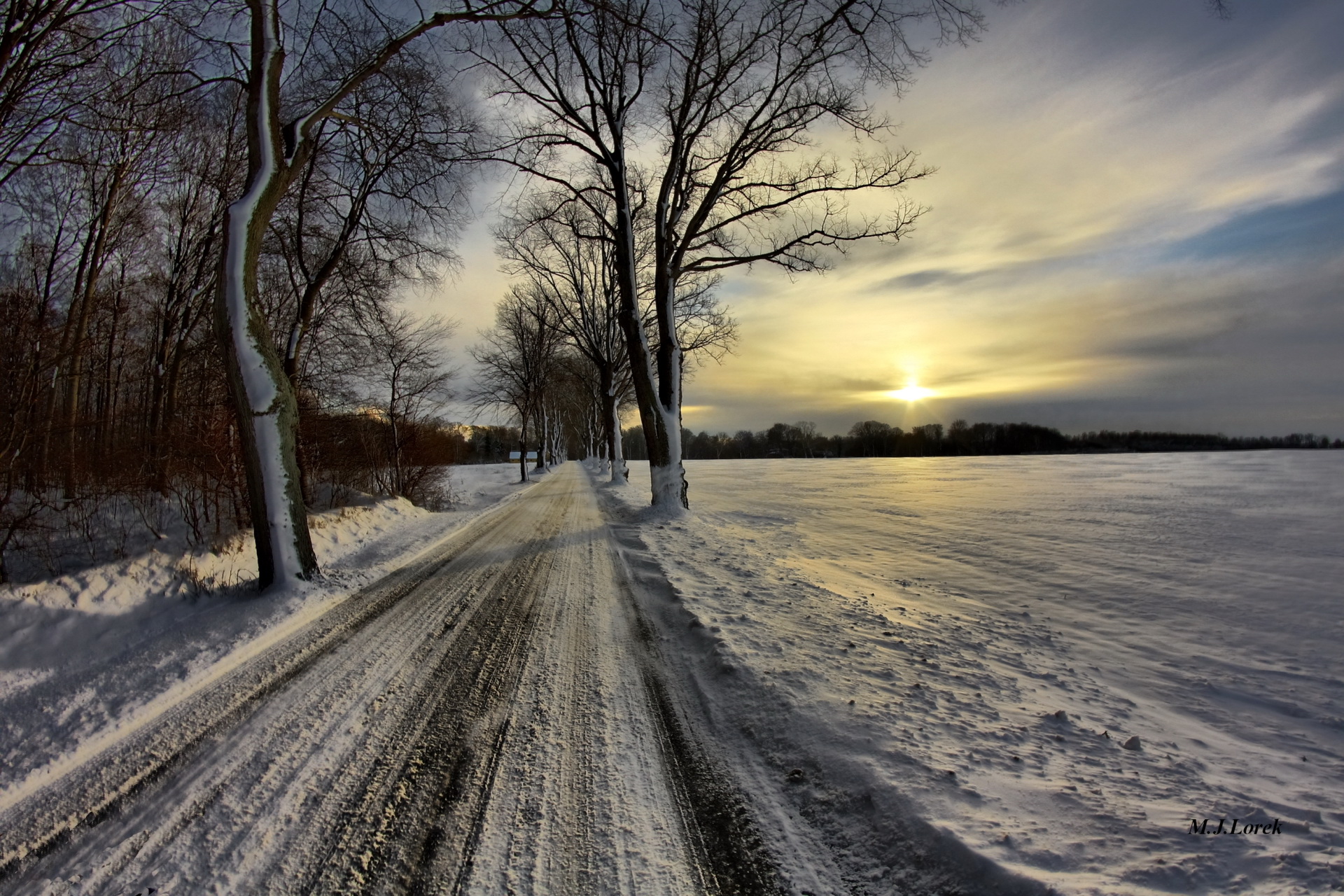 Free download wallpaper Winter, Sun, Snow, Road, Tree, Sunbeam, Man Made on your PC desktop