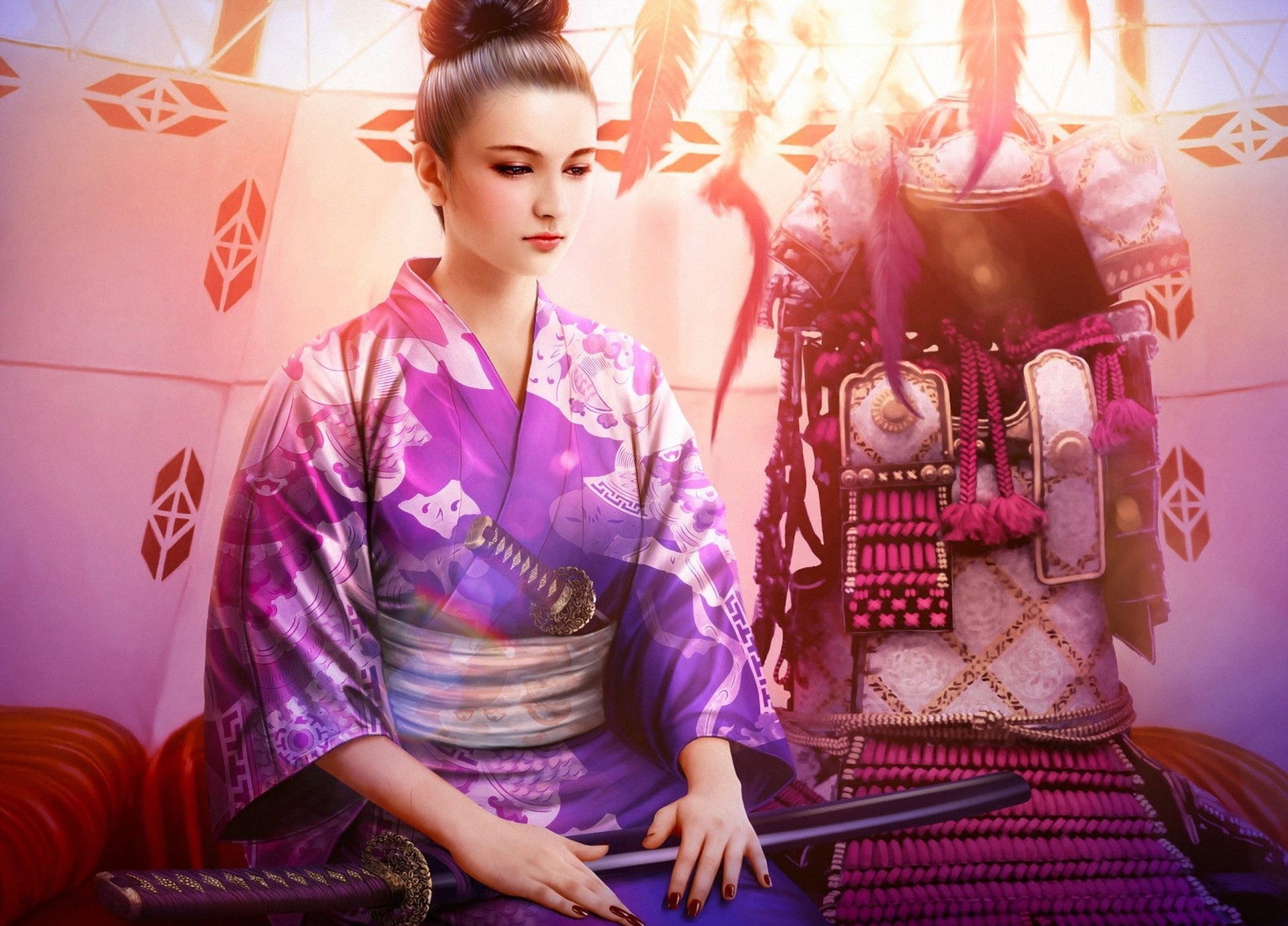 661099 Hintergrundbild herunterladen fantasie, legende der fünf ringe, katana, kimono, samurai, schwert - Bildschirmschoner und Bilder kostenlos