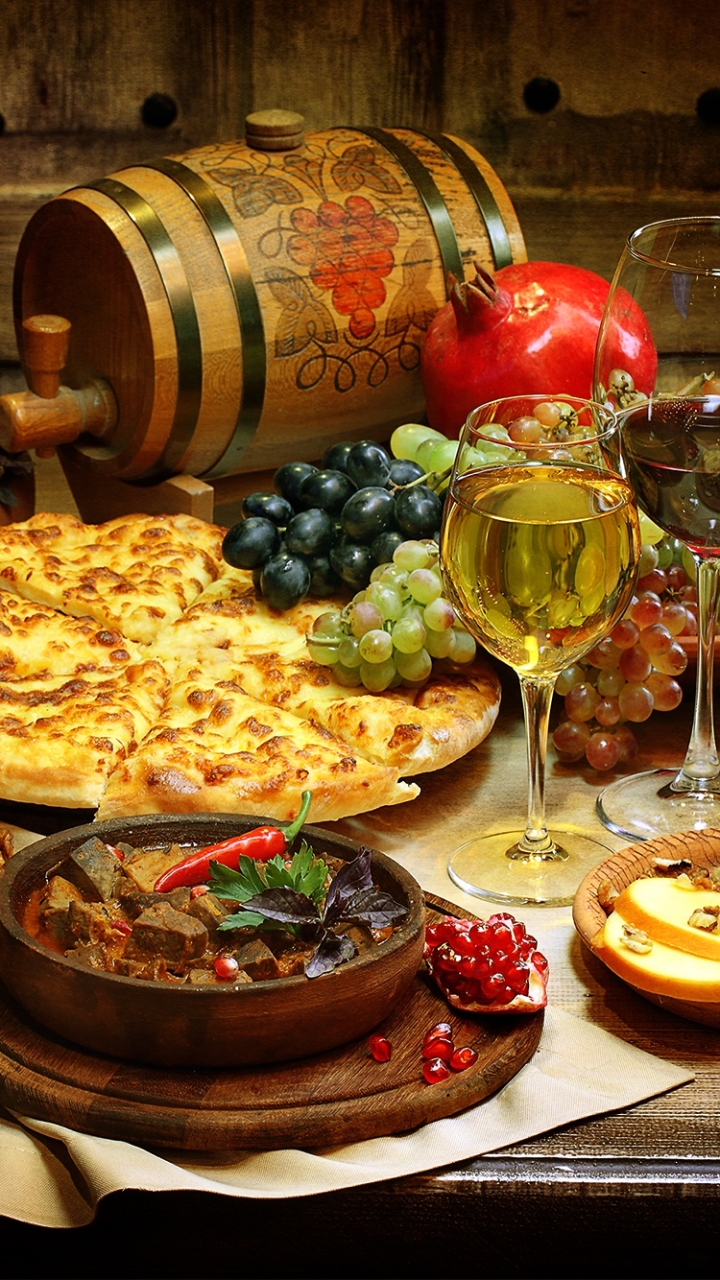 Download mobile wallpaper Food, Pizza, Cheese, Pepper, Still Life, Bread, Barrel, Wine for free.